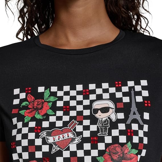 Karl Lagerfeld Women's Logo Checkerboard Logo Black and White Whimsical T-Shirt