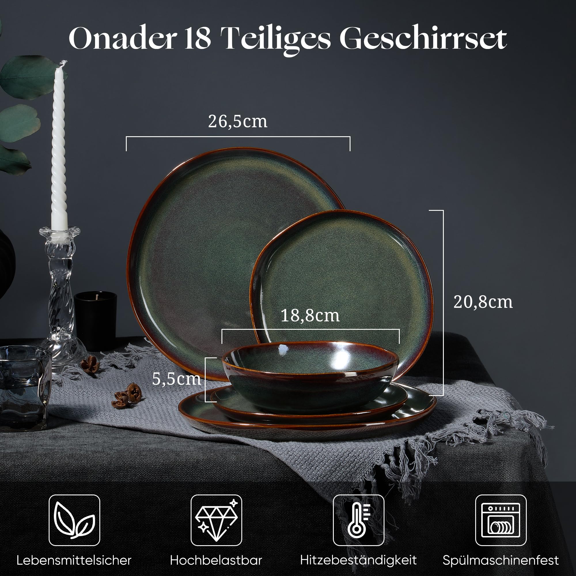 Onader Geschirrset 6 Personen, 18 Teiliges Tafelservice, Reaktives Moosgrün | Unregelmäßig Rund Steingut Geschirr Set, Müslischalen Dessertteller Speiseteller, Spülmaschinenfest & Mikrowellenfest, Gesund