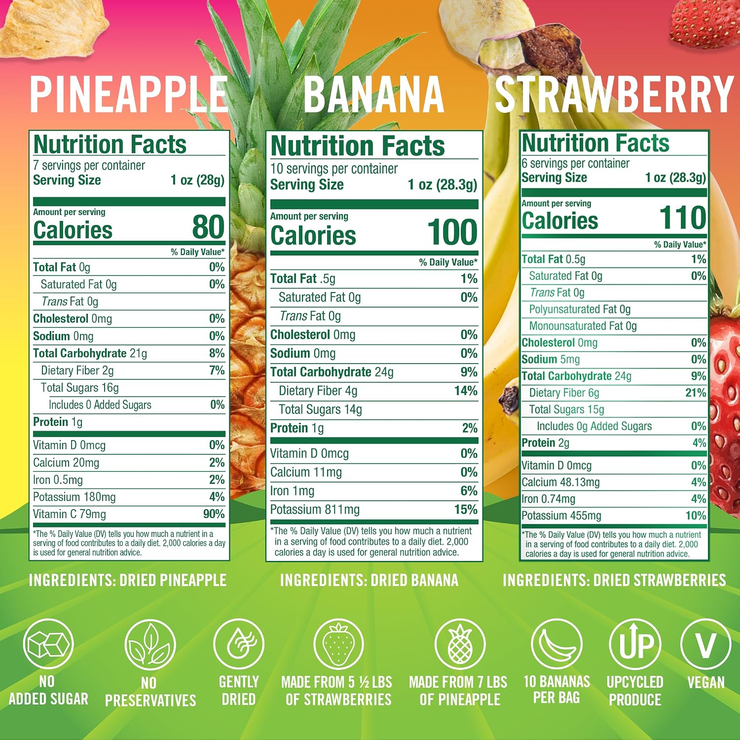 BranchOut Pineapple Chips (7 oz), Chewy Banana Slices (10 oz) and Crunchy Strawberry Halves (6 oz) Bundle, No Sugar Added, GentleDry, Better than Freeze Dried, Healthy Vegan Snacks for Kids & Adults