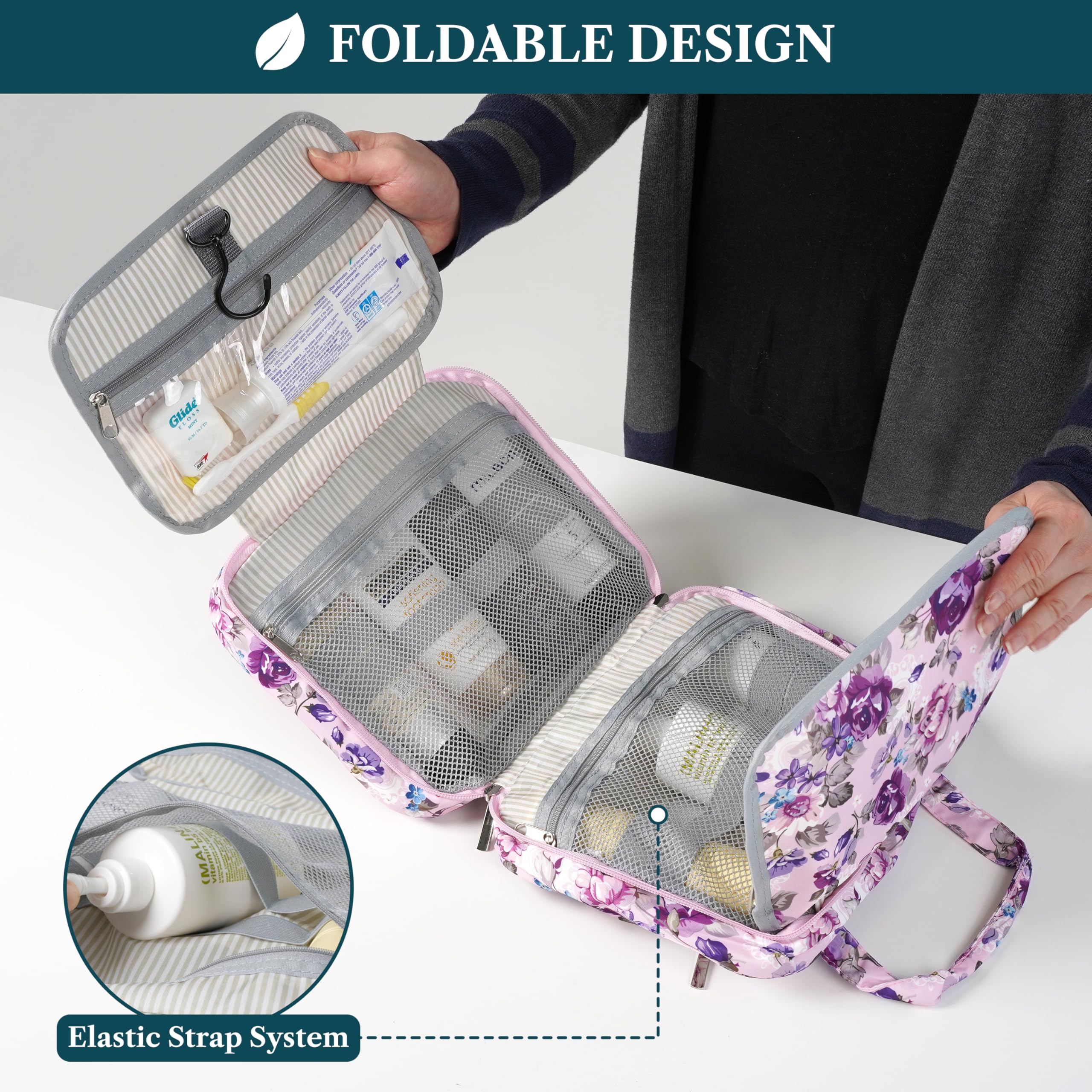 PAVILIA Borsa da toilette da appendere borsa da viaggio donna e uomo, organizer pieghevole per cosmetici, borsa per il trucco resistente all'acqua, accessori da toeletta, grande kit essenziale da