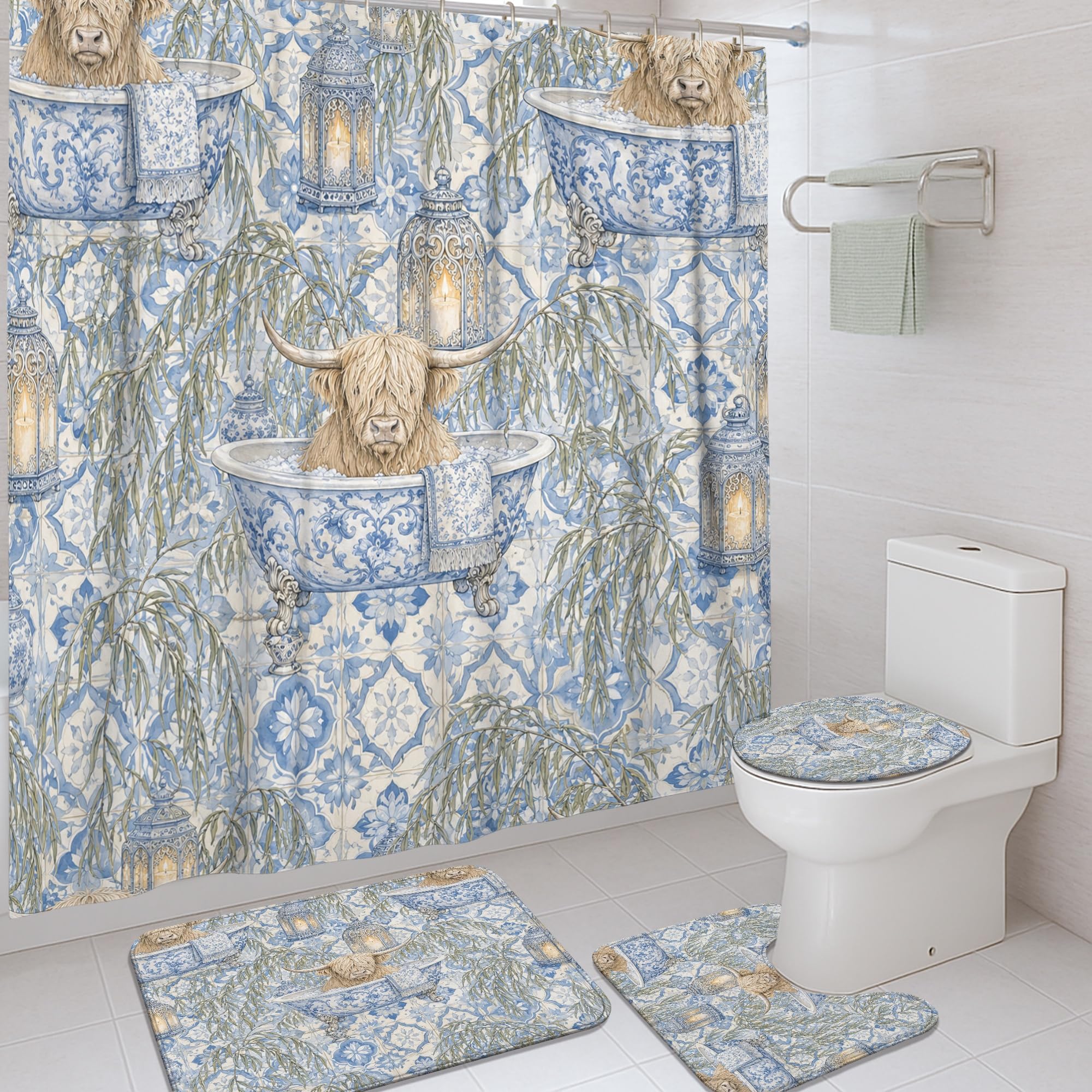 Rideau de douche en tissu imperméable avec tapis motif vache écossaise