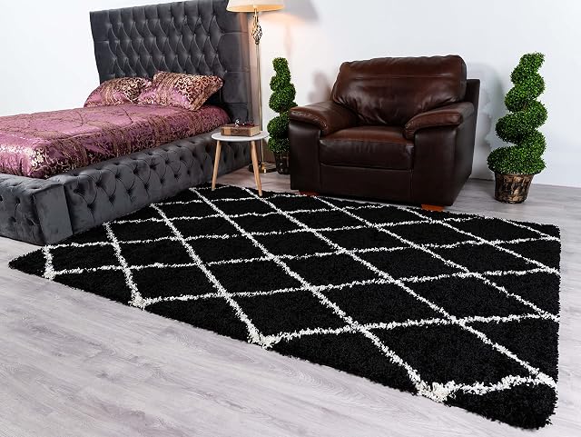 Shaggy Rug Trellis DESIGN Modern Rugs Living Room Extra Large Small Rectangular Size Soft Touch Thick Fluffy Pile Living Room Area Rugs Non Shedding (Black, 80cm x 150cm (3ft x 5ft))