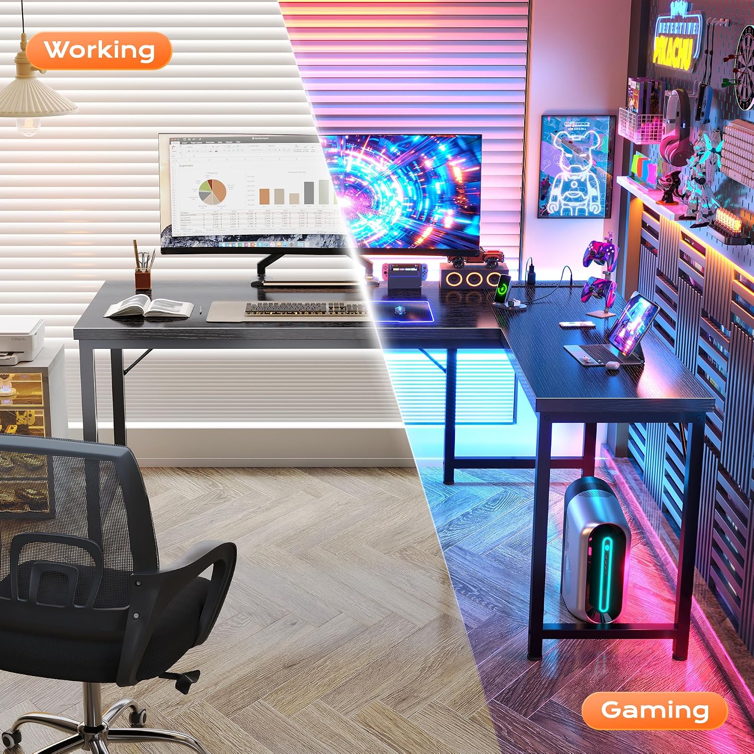 Huuger 55 Inch L Shaped Desk with Power Outlets and USB-C Port, Reversible Computer Desk, Larger Office Corner Gaming Desk, 0.95 Inch Thicker Desktop, Metal Frame, for Home Office, Study, Black thumbnail