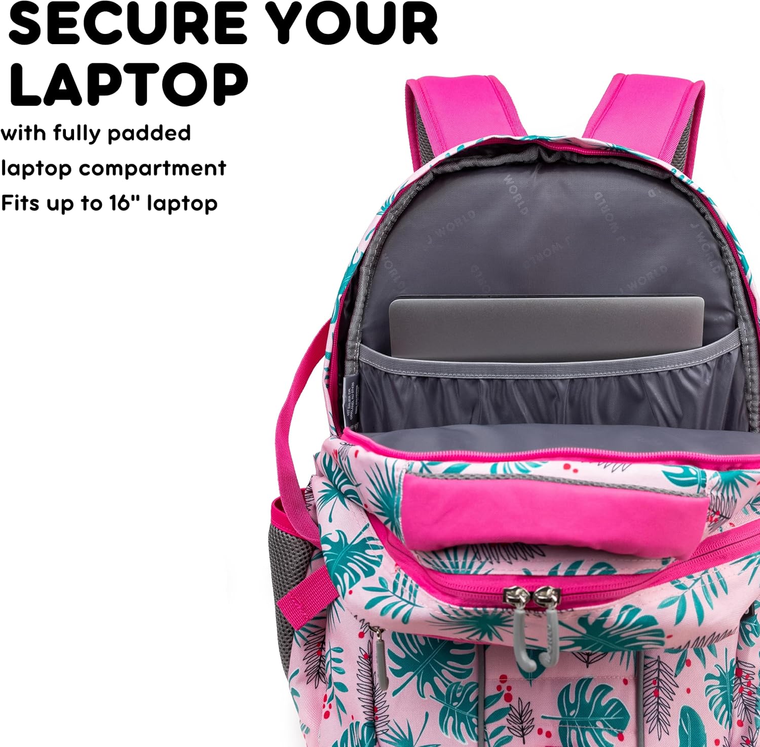 J World New York Atom Laptop Backpack – Ergonomic Backpack for School with Air Mesh Padded Shoulder Straps – 600D Polyester Work Backpack for Men and Women – Stylish Design (PALM LEAVES)