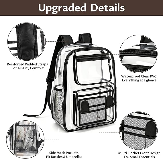 Clear Backpack, Waterproof PVC Transparent Bag Black