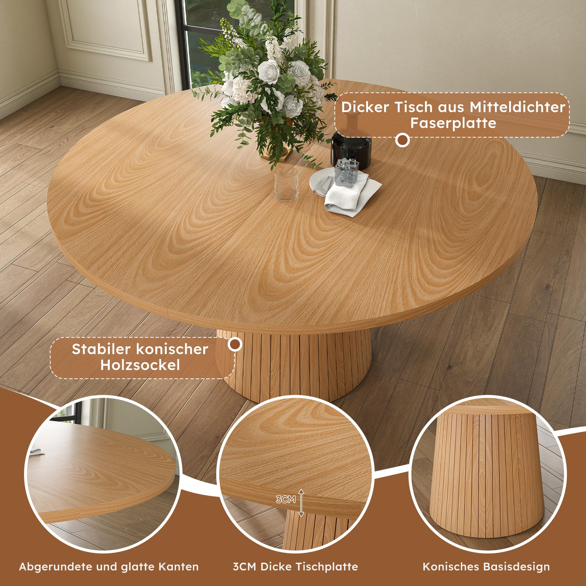 Tavolo da cucina rotondo, 110 cm, stile rustico, piano in MDF con impiallacciatura in rovere a due semicerchi, base cilindrica con telaio interno in metallo, per cucina e sala da pranzo