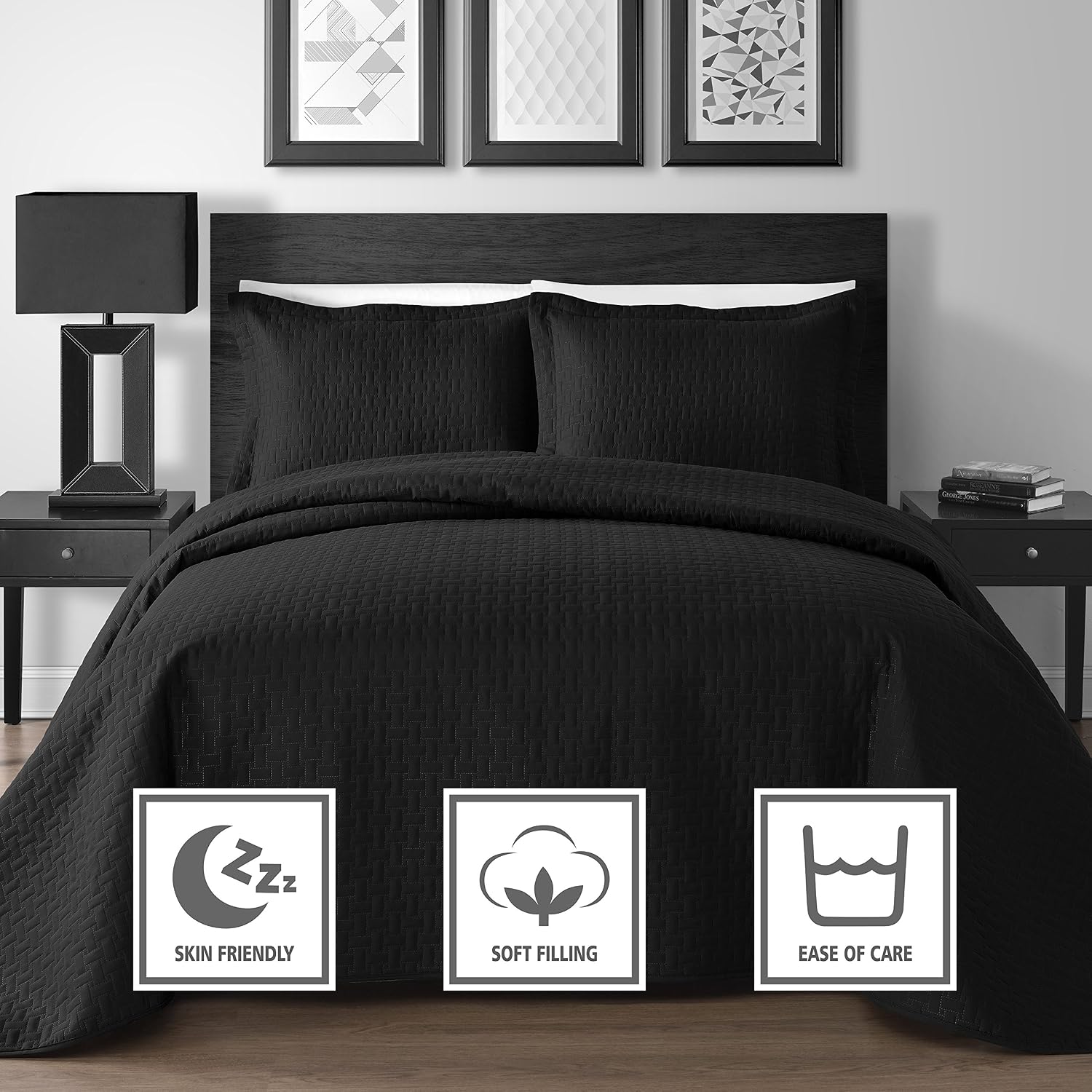 King & Queen Home Modern Frame Microfiber Lacquer 5 Piece Comforter Set (Queen, Black)