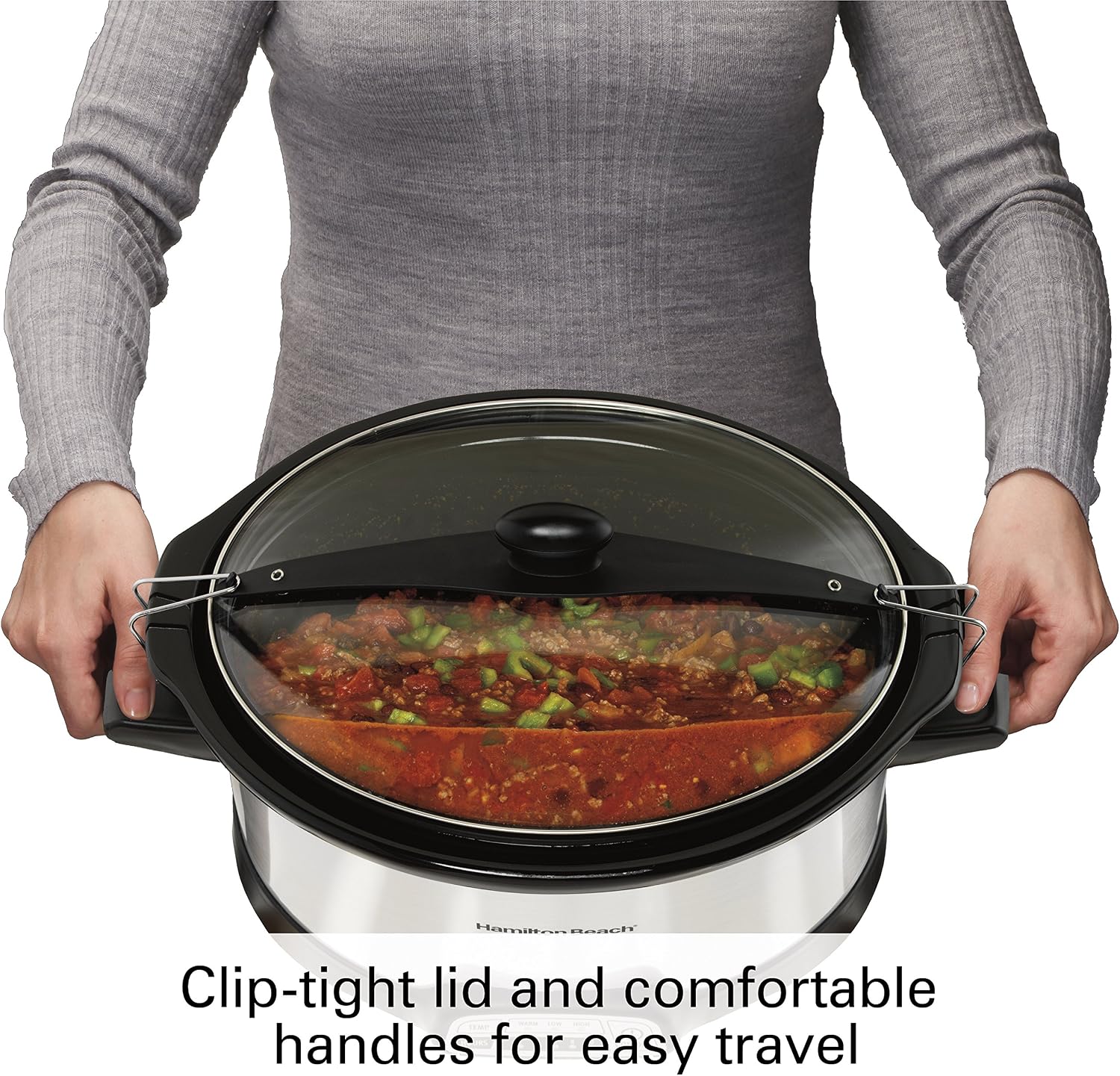 Hamilton Beach Programmable Slow Cooker, 7 quart with Clip-Tight Sealed Lid, Stainless Steel (33476), Silver