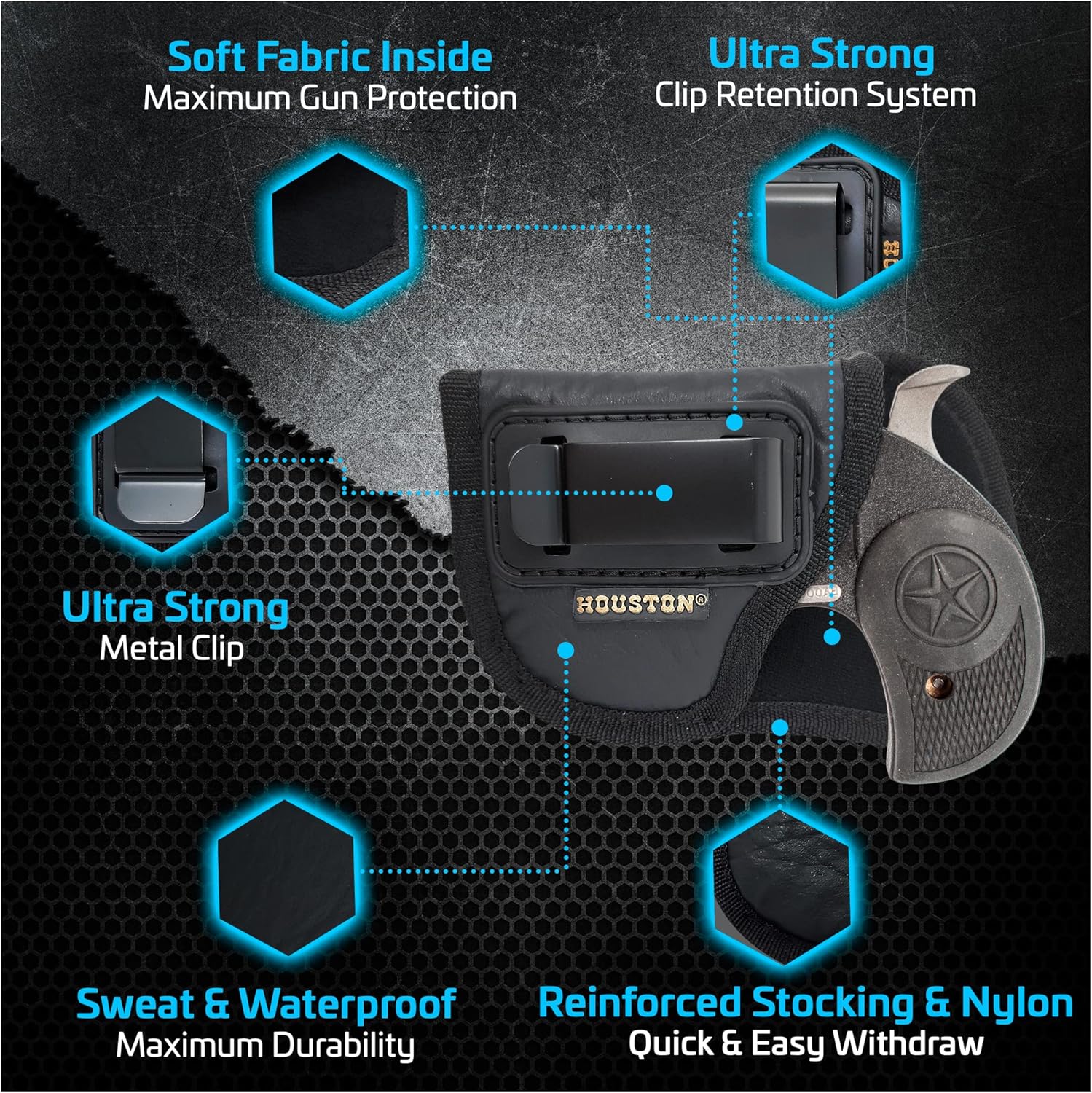 IWB Gun Holster by Houston - ECO Leather Concealment Inside The Waistband with Metal Clip Compatible with Bond Arms - Roughneck - Backup - Texas Defender .410 / .357/38 / .9 / .45, 2.5 Barrel