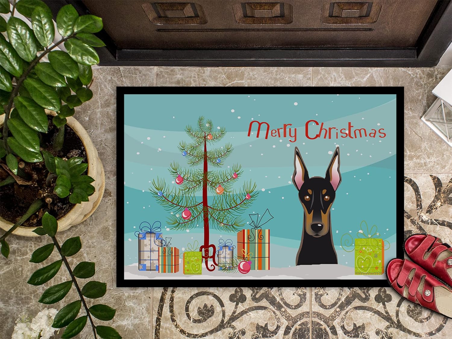 Caroline's Treasures BB1617MAT Christmas Tree and Doberman Doormat 18x27 Front Door Mat Indoor Outdoor Rugs for Entryway, Non Slip Washable Low Pile, 18H X 27W