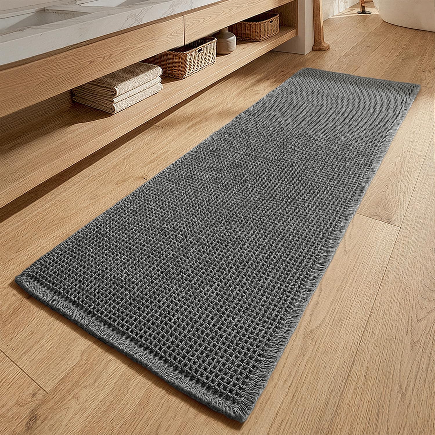 MIULEE Waffle Bathroom Runner Rugs, Super Absorbent Non Slip Bath Rug, Upgraded Soft Quick Dry Washable Boho Large Bath Mat with Tassels for Hallway Laundry Room Bedroom, 2'x5' (24"x60"), Chocolate