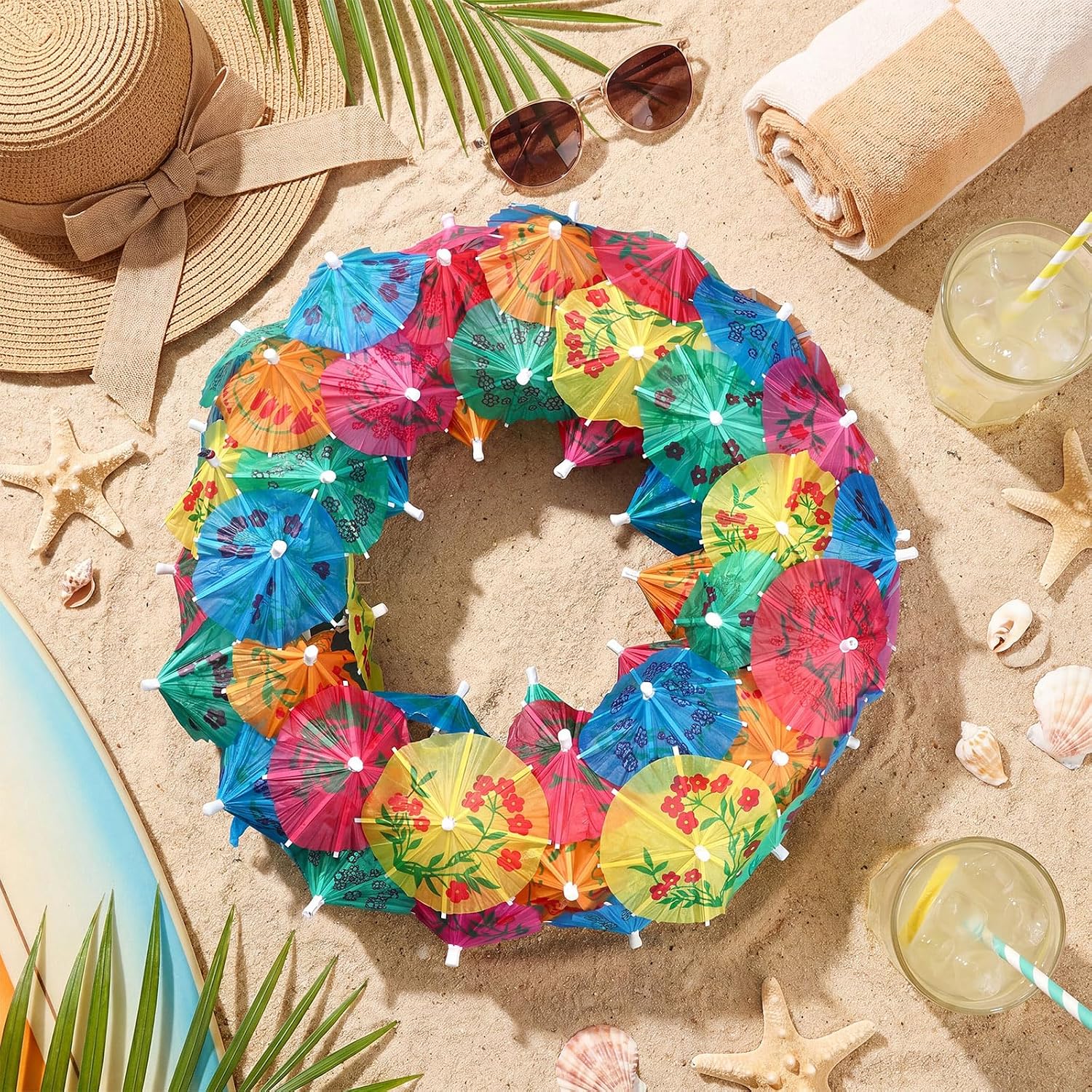 DIY Summer Cocktail Umbrella Wreath Crafts Kits Include 1 Circle Foam with 100 Paper Cocktail Drink Umbrella Picks DIY Summer Hawaiian Wreath Decor for Home Tropical Beach Party Supplies