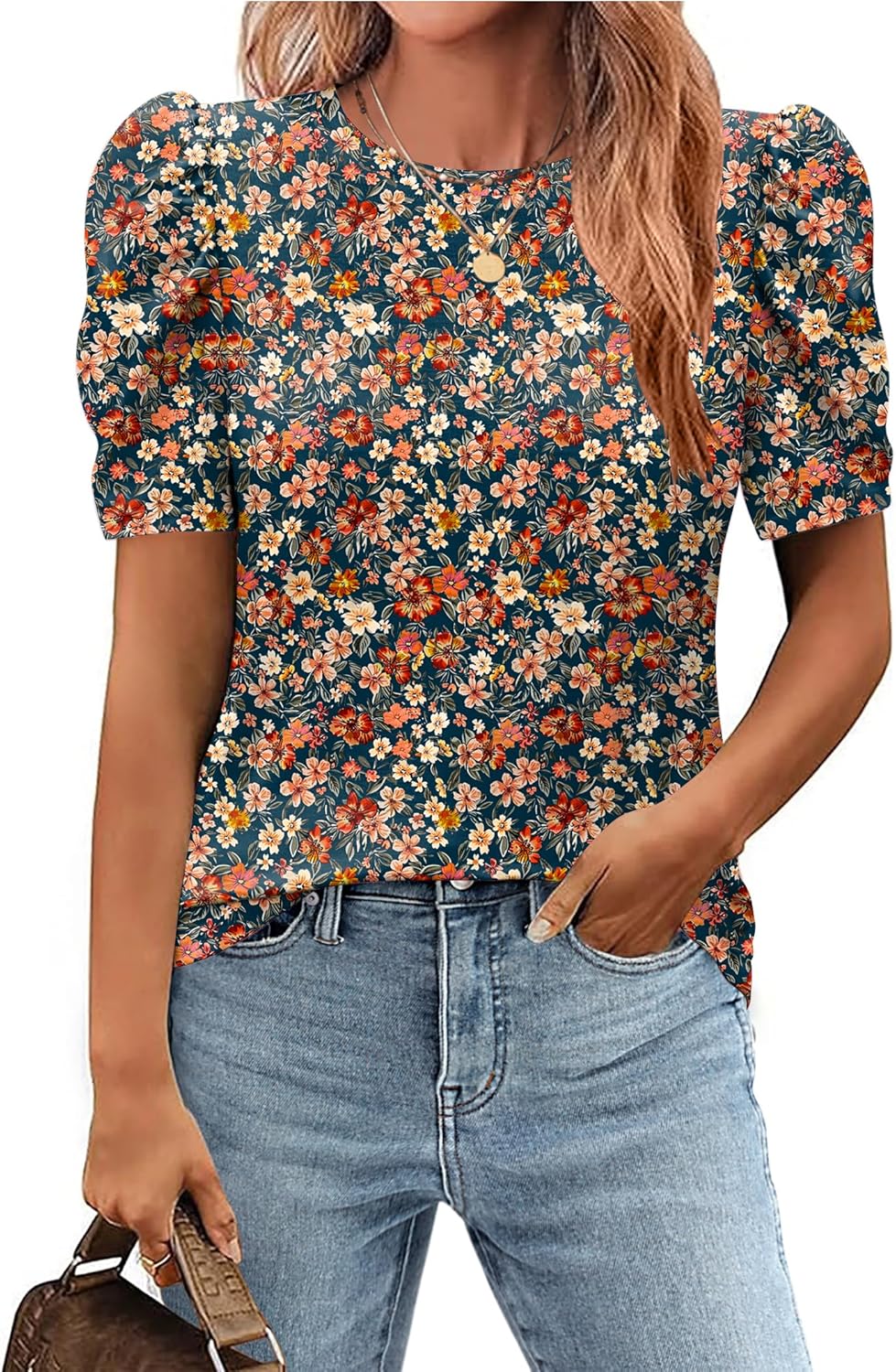 Zeagoo Blouse for Women Dressy Casual Puff Short Sleeve Boho Tops Fashion Floral Crew Neck Tunic Shirts Summer Clothes