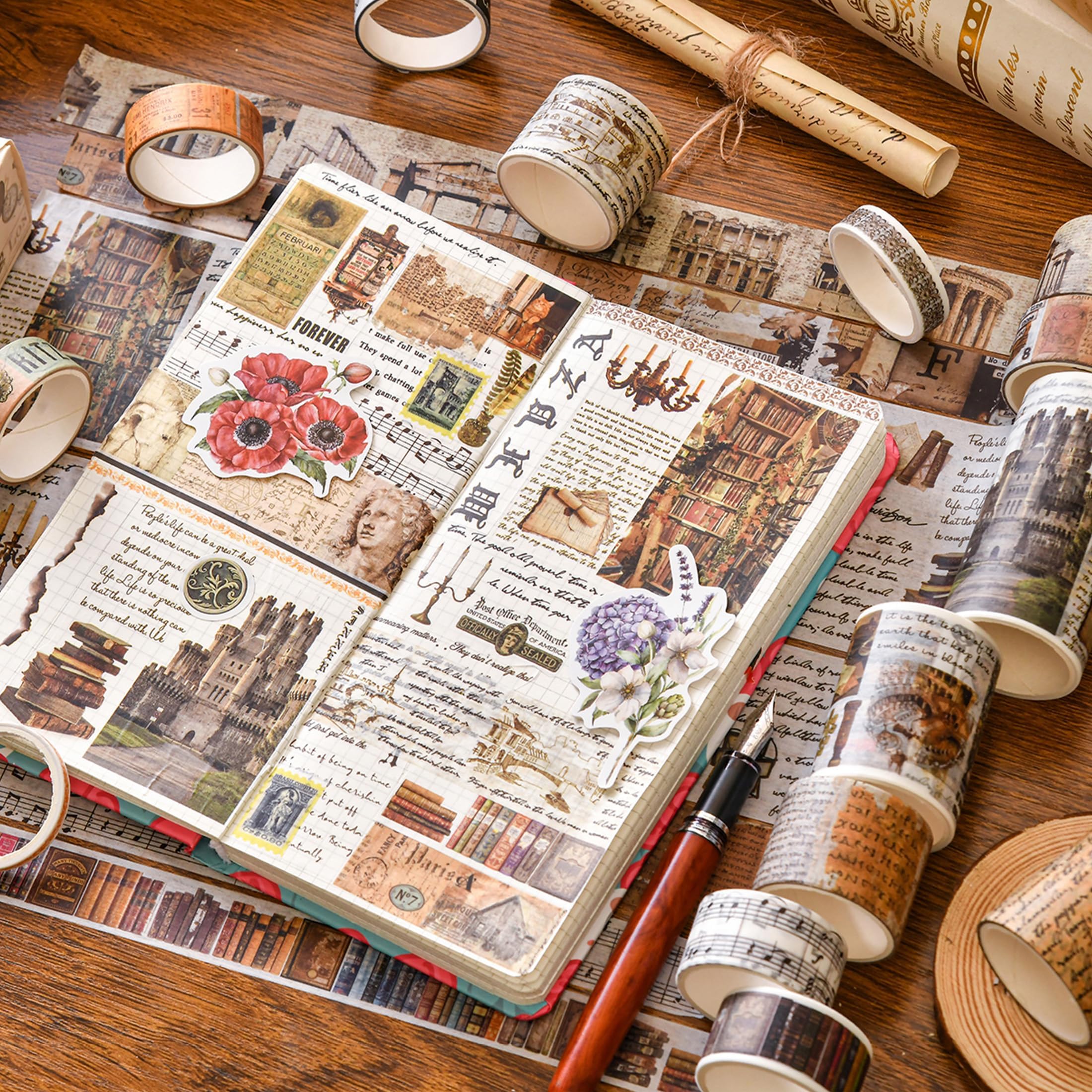KAVI' S Zestaw dekoracyjnych taśm Washi w stylu retro, w stylu antycznym, do prac ręcznych, do majsterkowania, pamiętnika, planera, scrapbookingu, pakowania (wydarzenia)