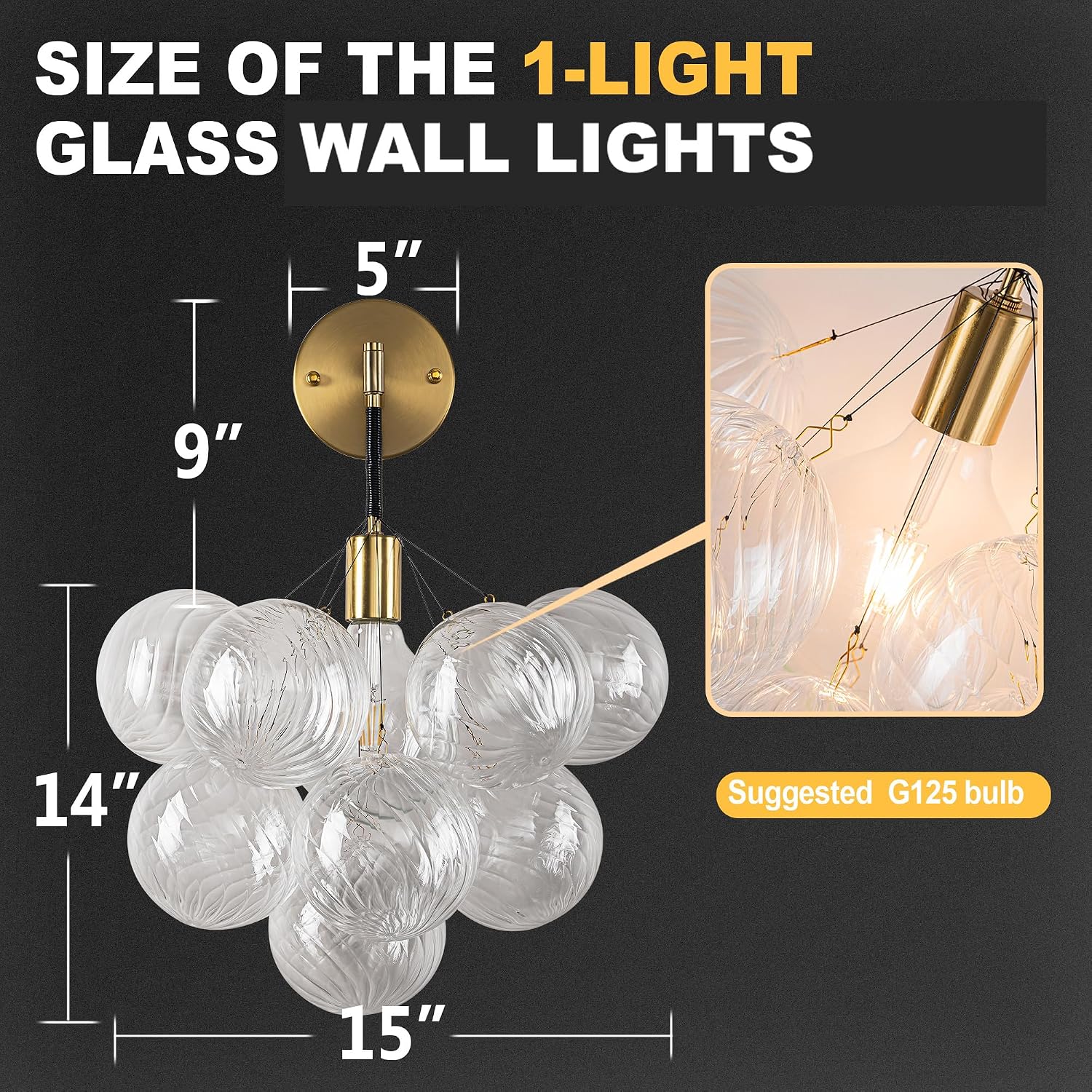 Black Gold Bubble Wall Sconces, Glass Globes Lamps, Ribbed Balls Porch Lights, Mounted Fixture With Glass Lampshade for Reading Bedroom Bedside Stairway Hallway 15"W
