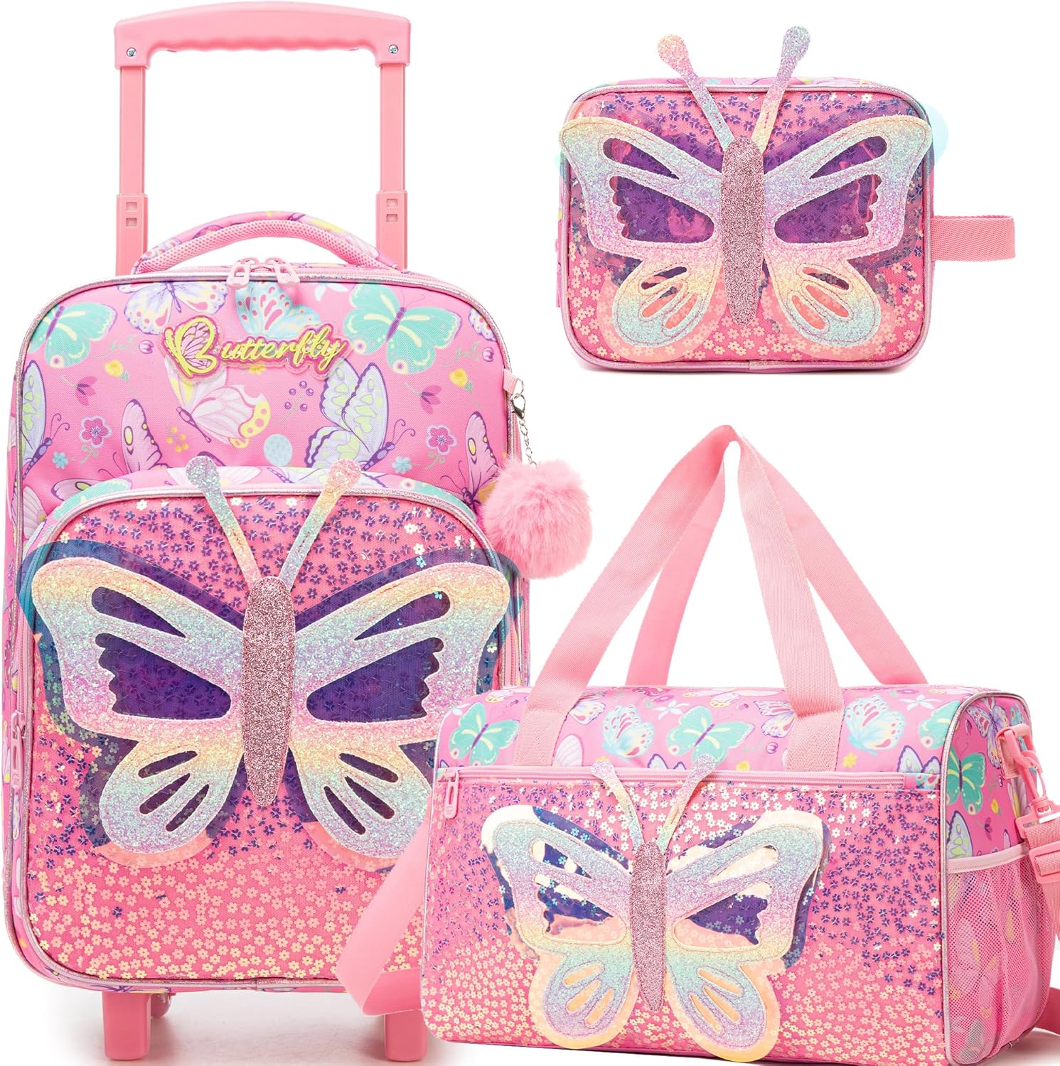 Kids Pink Butterfly Luggage with Wheels Suitcases Travel Softside Suitcases 16" Carry on Suitcase with Duffle Bag Luggage Sets Airline Approved