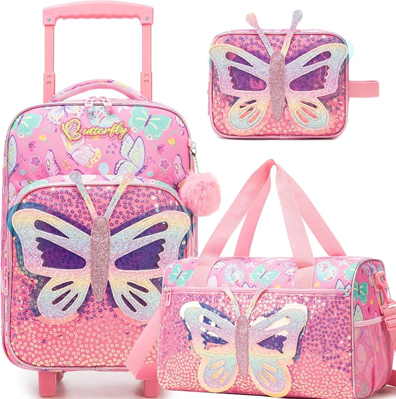 Kids Pink Butterfly Luggage with Wheels Suitcases Travel Softside Suitcases 16" Carry on Suitcase with Duffle Bag Luggage Sets Airline Approved