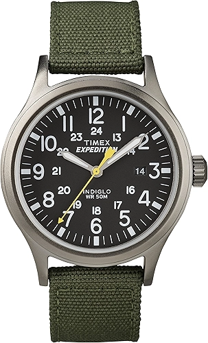 Relógio masculino Expedition Scout de 40 mm – caixa preta e mostrador com pulseira deslizante de couro oliva
