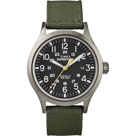Timex Relógio masculino Expedition Scout de 40 mm – caixa preta e mostrador com pulseira deslizante de couro oliva