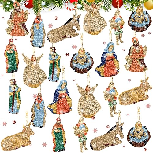 Outus Juego de 24 llaveros de pintura de diamantes de la Natividad de Jesús 5D DIY Diamond Art Llavero de doble cara Belén de doble cara, arte de