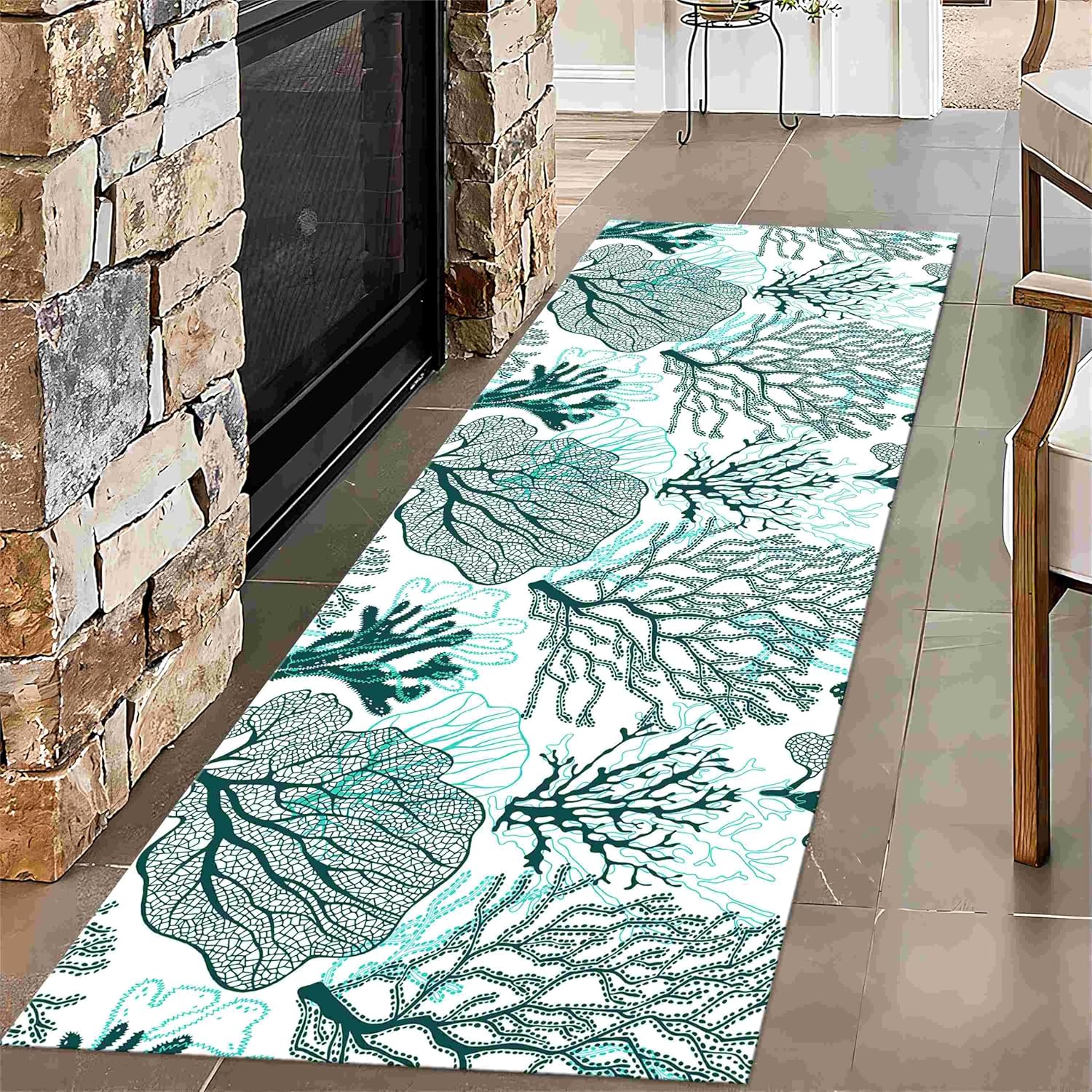 Summer Beach Coral Runner Rug,1.3x7ft,Undersea Life Aquatic Grass Entrance Rugs,Washable Large Bathroom Rug Coastal Runner Rugs for Shower Tub Hallway Kitchen Decor
