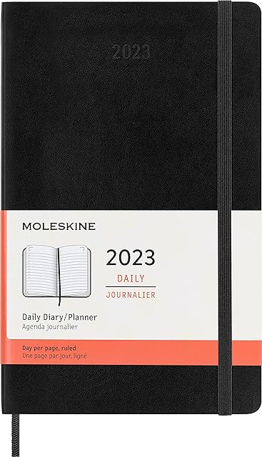 Moleskine 12-Month Daily Planner 2023, Daily Diary 2023, Soft Cover and Elastic Closure, Large Size 13 x 21 cm, Colour Black