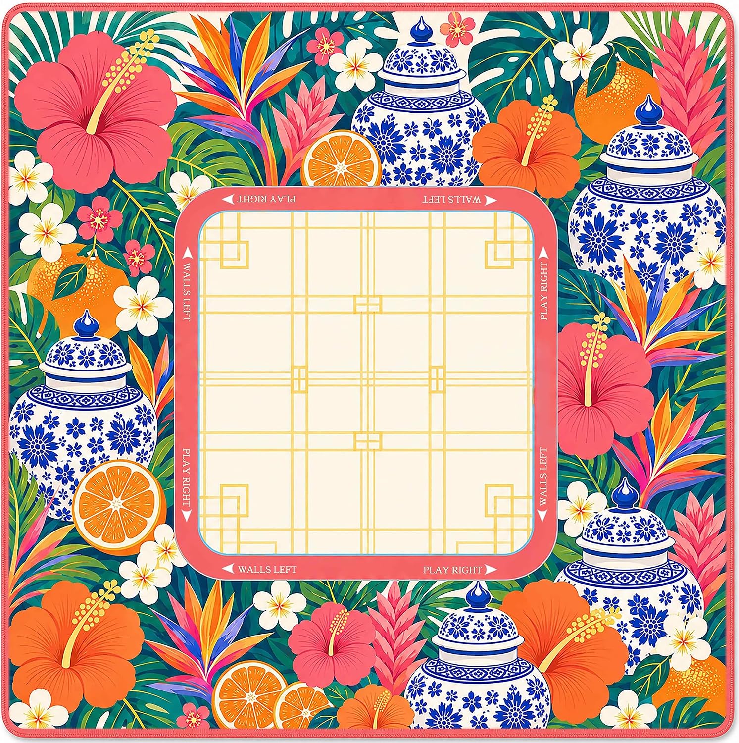 American Mahjong Mat for Table, 31.5 x 31.5 inch Tropical Chinoiserie Floral Yellow Lemon Mah Jong Mat, Non-Slip Neoprene Mat for Mah Jongg, Poker, Dominoes and Game Night