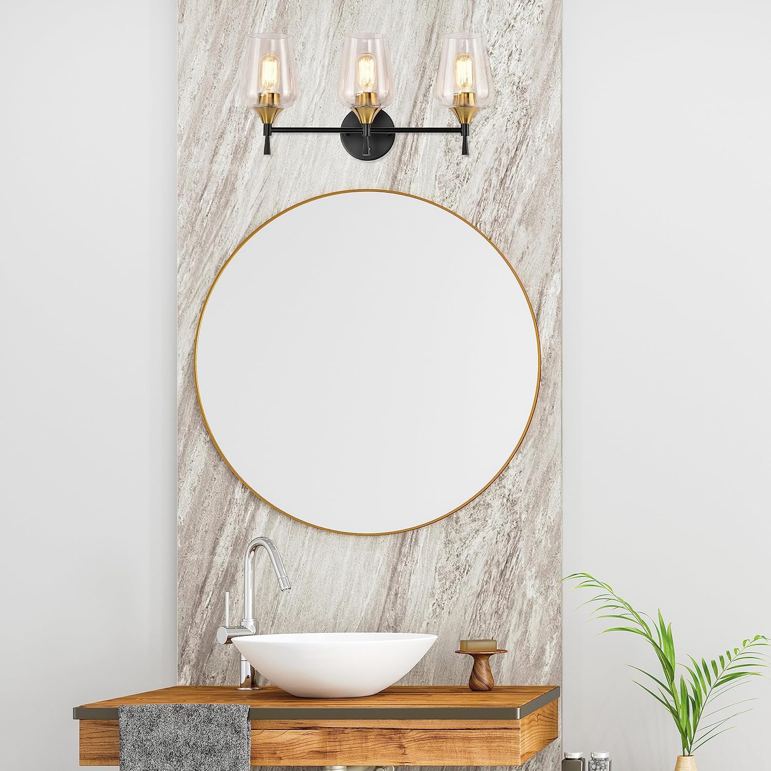 Edvivi 3-Light Vanity Lights, Black and Antique Brass with Clear Glass Shade Bathroom Light Fixtures, Wall Light for Mirrors, Bedroom, Living Room, Hallway