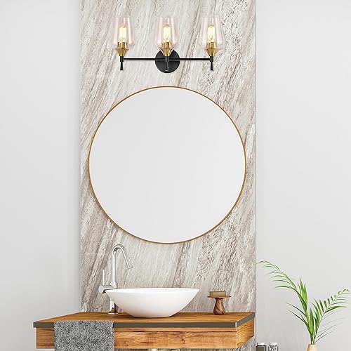 Miniatura 3 de Edvivi Luces de tocador de 3 luces, latón negro y antiguo con pantalla de vidrio transparente, lámpara de pared para espejos, dormitorio, sala de