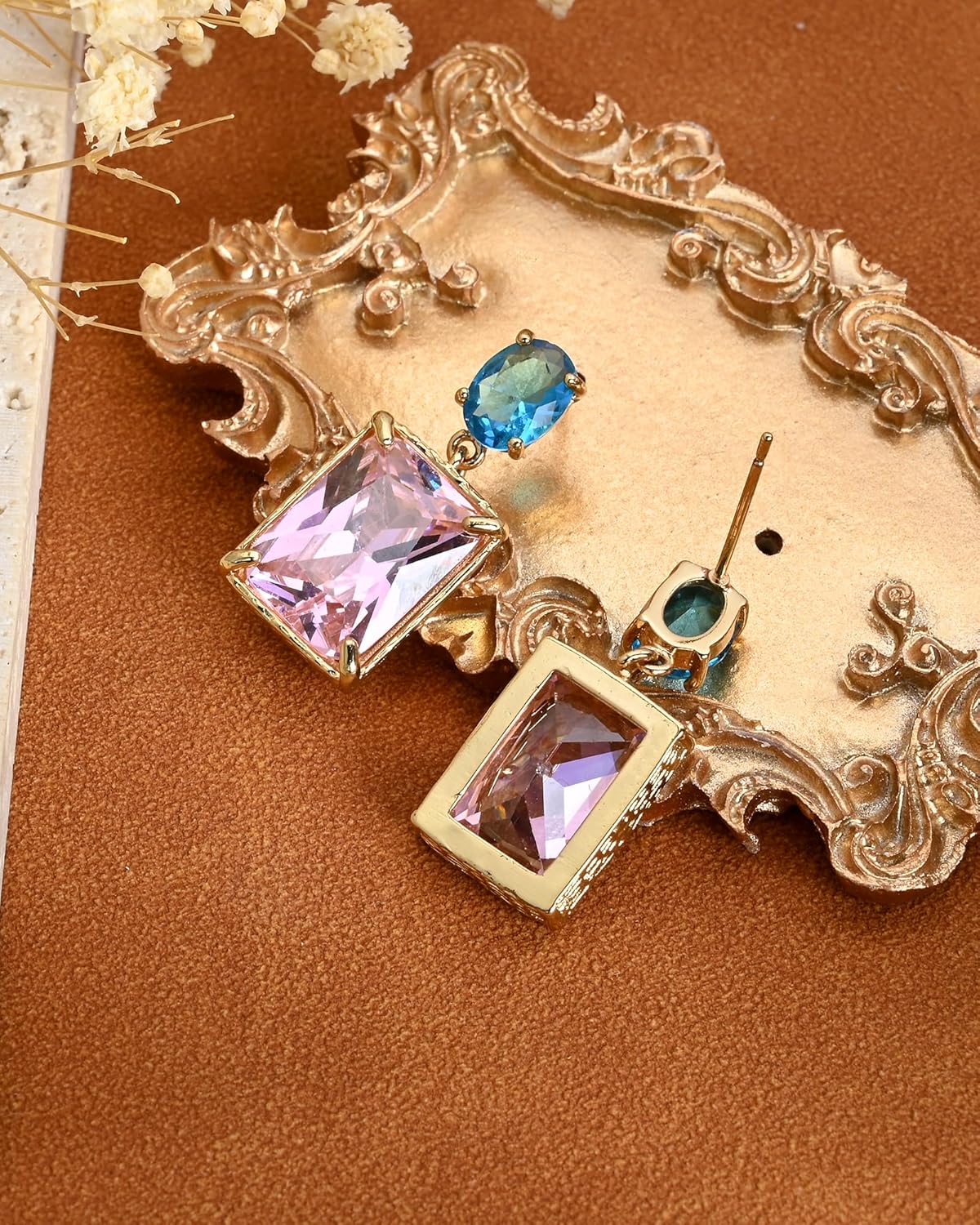 Valentines 14K Gold Plated Pink and Blue Aquamarine Crystal Stud Square Stone Drop Dangle Geometric Earrings for Women Vacation Jewelry - Image 6