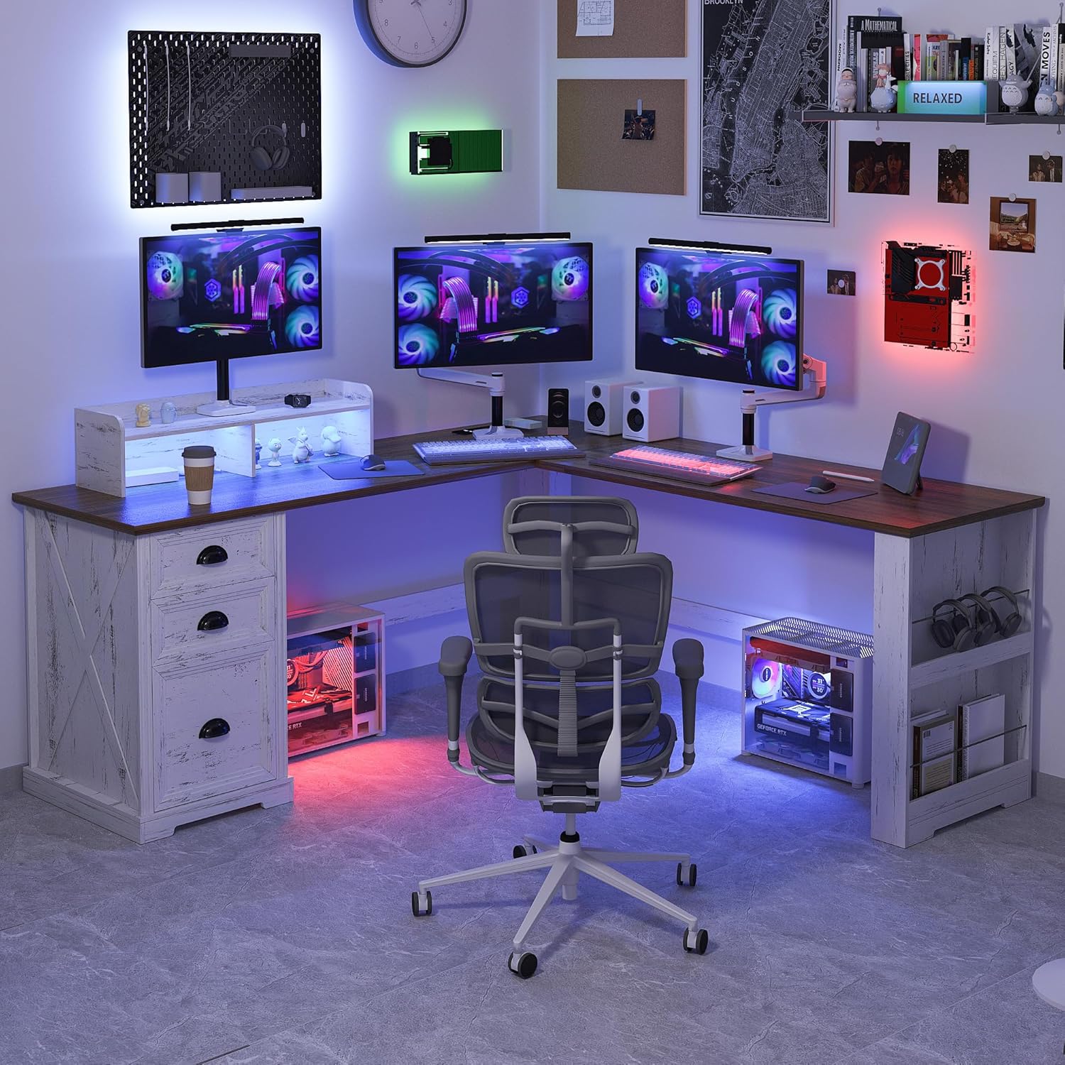 FREDEES Executive L Shaped Desk with Led Lights and Movable Stand, 59 inch Farmhouse Corner Computer Desk with File Drawers, Home Office Desk with Charging Station for Working, Gaming - Antique White