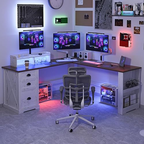 Miniatura 4 de FREDEES Escritorio en forma de L con soporte móvil y luces LED, escritorio de oficina en casa de granja de 59 pulgadas con cajón de archivos,