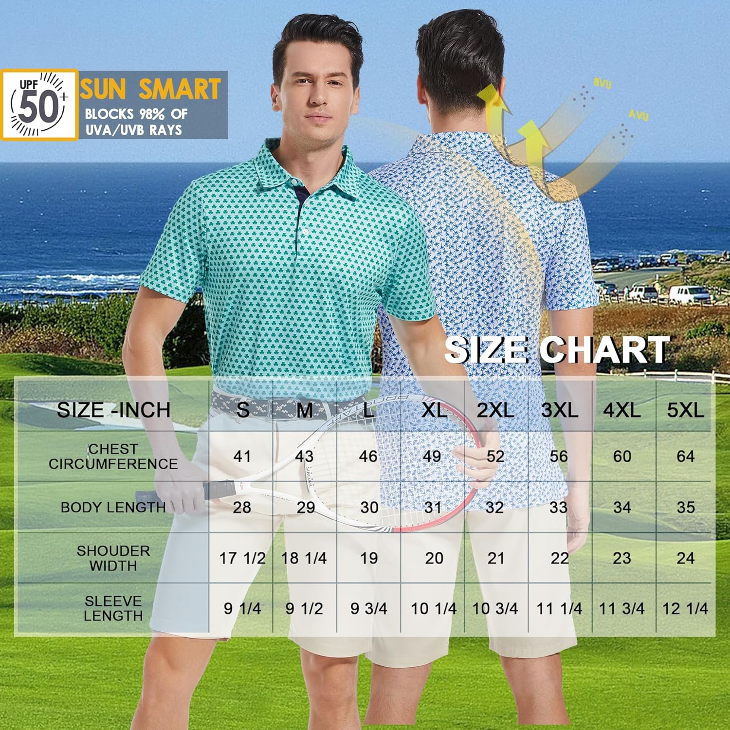 Mens Golf Shirt Moisture Wicking Dry Fit Print Performance Short Sleeve Polo Shirts for Men