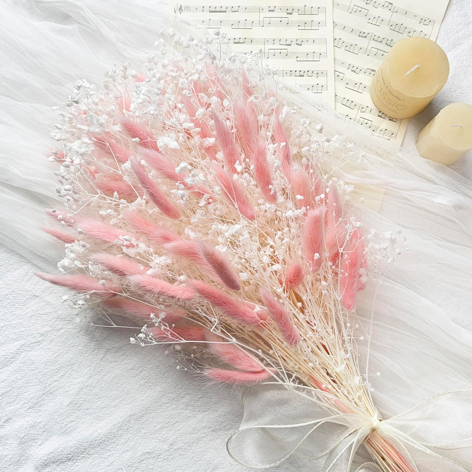 Bunny Tails Dried Flowers Bouquet Fluffy Nature Pampas Grass with Baby Breath Flowers Artificial Flower for Table Bookshelf Home Festival Hobo Wedding Decor (White)