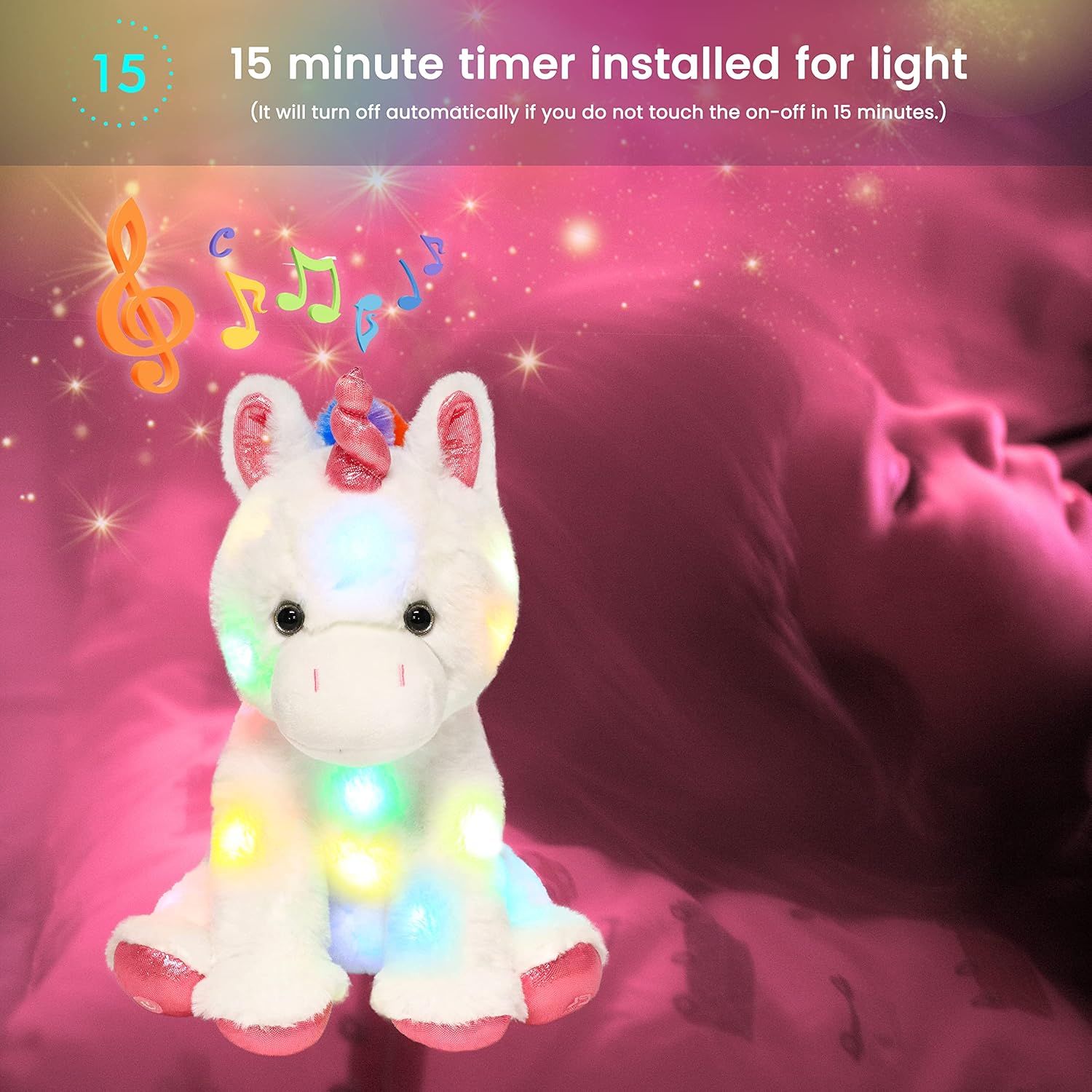 Hopearl LED Musical Stuffed Unicorn Light up Singing Plush Toy Adjustable Volume Lullaby Animated Soothe Birthday Festival for Kids Toddler Girls, White, 13'' - Image 7