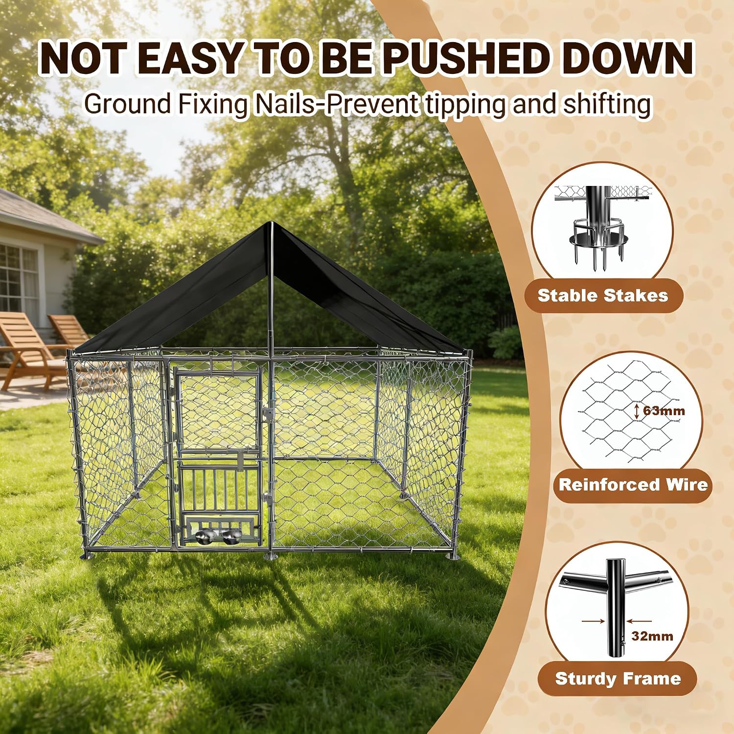 7.5x7.5x6.25ft Dog Kennel Outdoor Enclosure with Roof, Heavy Duty Galvanized Steel Outside Dog Run with Double Lock & Adjustable Rotating Bowls for Yard, Medium Large Dogs
