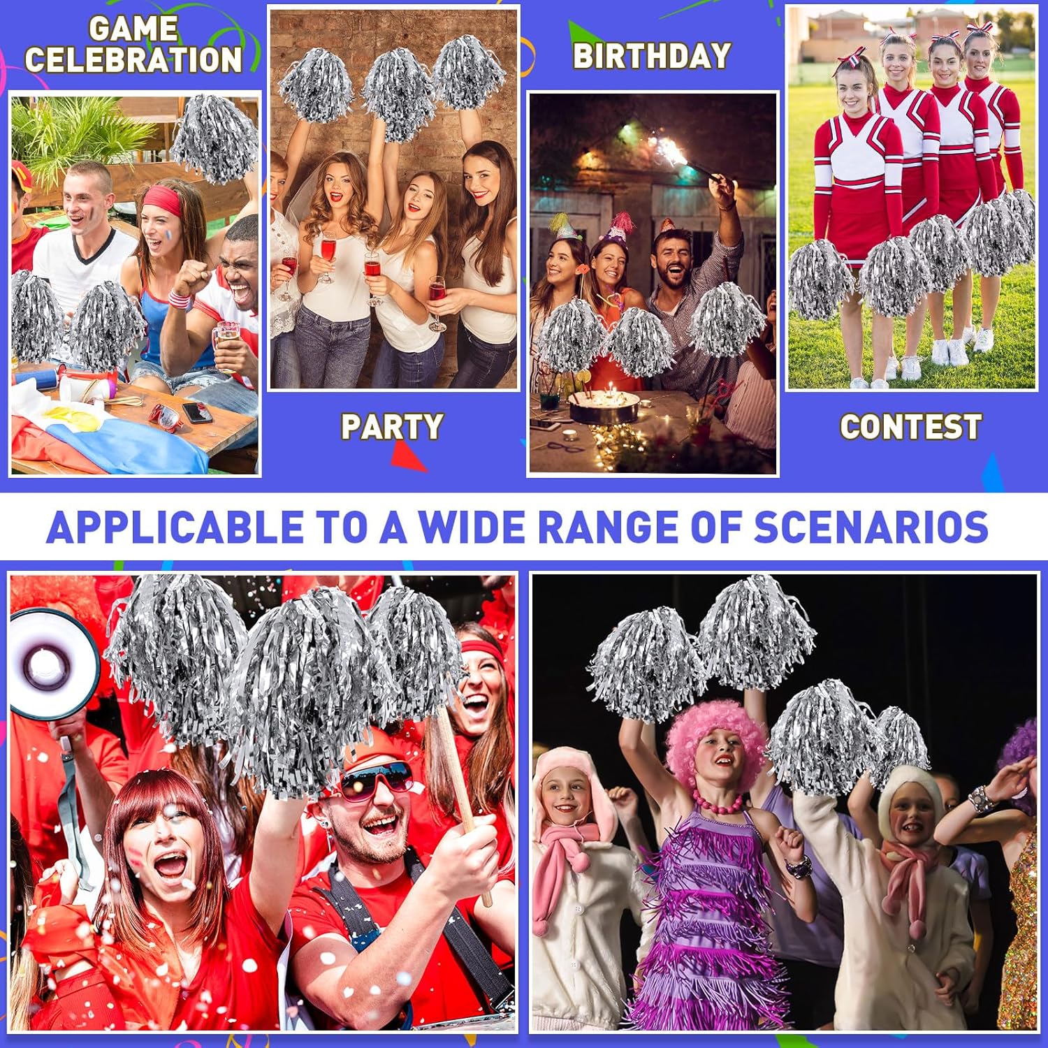 100 Pack Cheerleading Pom Pom Bulk Football Game Cheerleader Pompoms Plastic Cheering Hand Flowers with Handle for Sports Dance Match Team Cheerleading Squad(Silver)