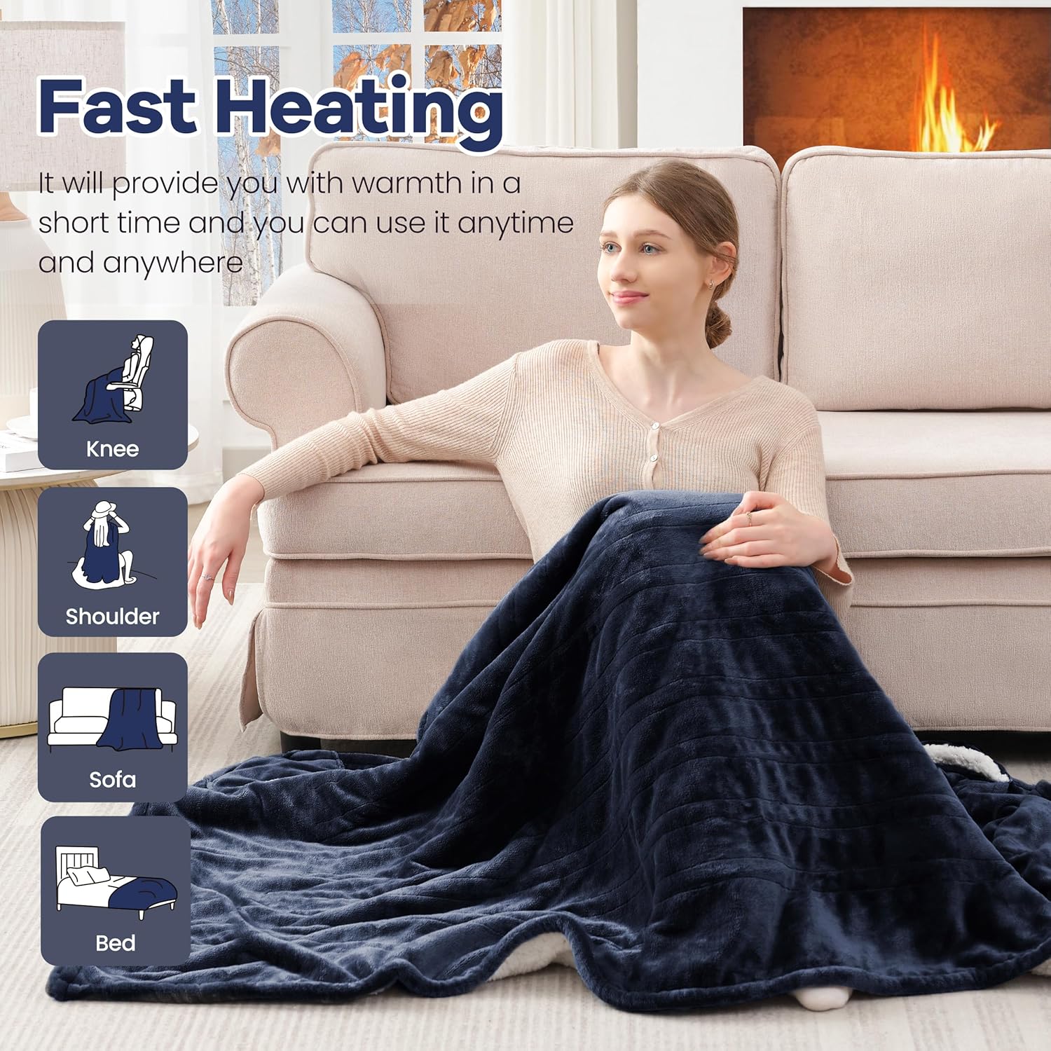 Heated Blanket Wearable Electric Blanket with Hood and Pockets, Heating Throw Blanket, Electric Heated Wrap Shawl with 6 Heating Levels Set & 4 Hours Auto Shut Off, Machine Washable(Short,Navy Blue) - Image 2