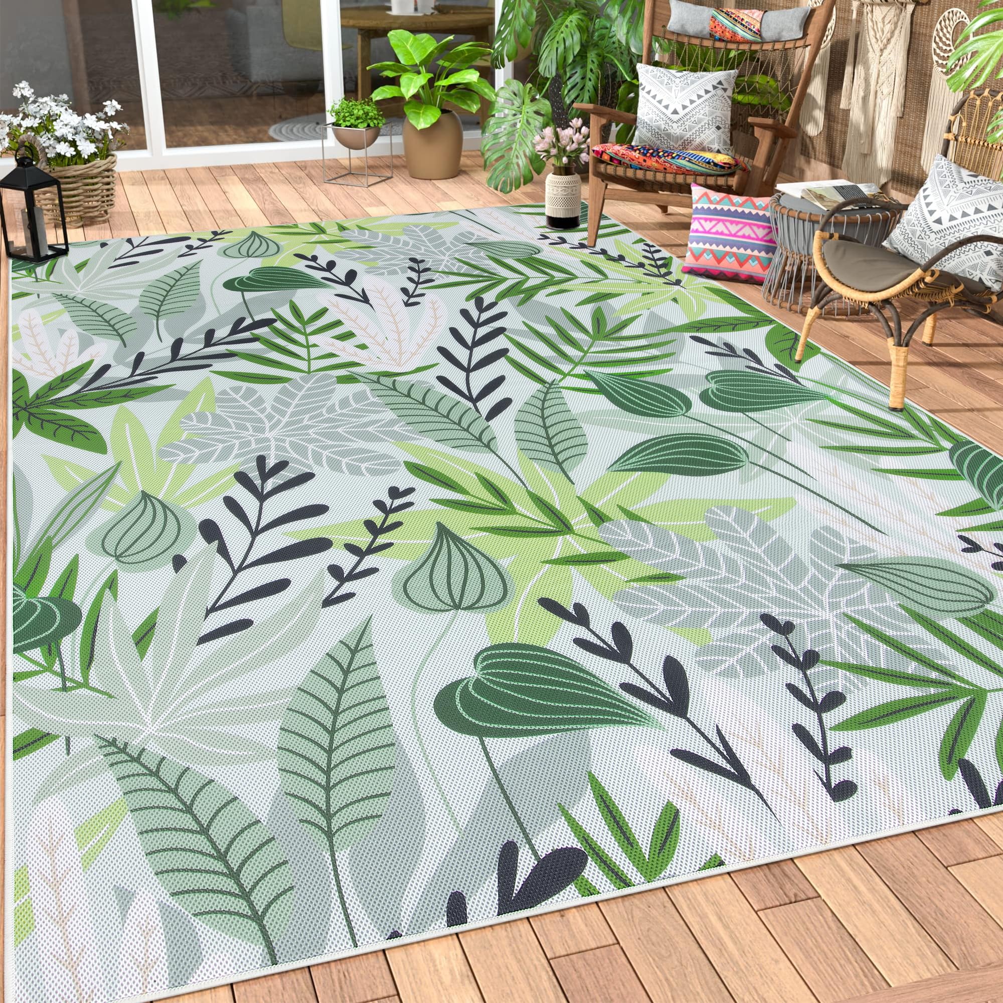 Lahome Leaf Indoor Outdoor Rugs, 6x9ft Non Slip Outdoor Patio Rug for Camping Picnic, Soft Outdoor Area Rug for Balcony Deck Backyard, Washable RV