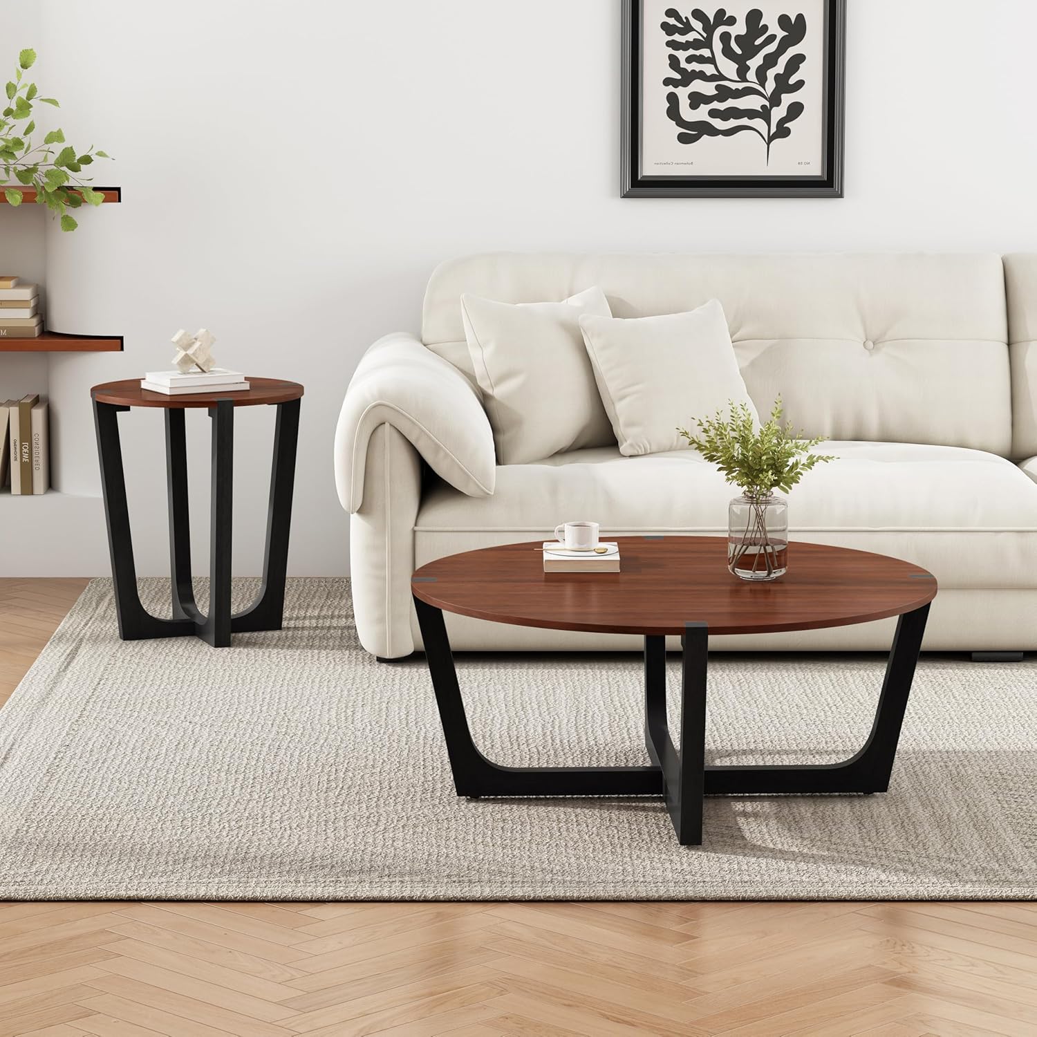 44.2" Acacia Wood Coffee Table,Modern Industrial Accent Tables,Round Table for Indoor,Outdoor,Living Room,Lounge,Patio,Natural+Black