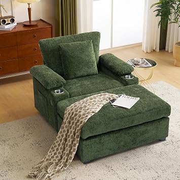 Oversized Chaise Lounge Chair with Ottoman, Modern Chenille Accent Chair with USB Charging Port, Cup Holders, Storage Armrests & Side Pockets, Deep Seat Sofa Bed for Living Room, Bedroom, Green