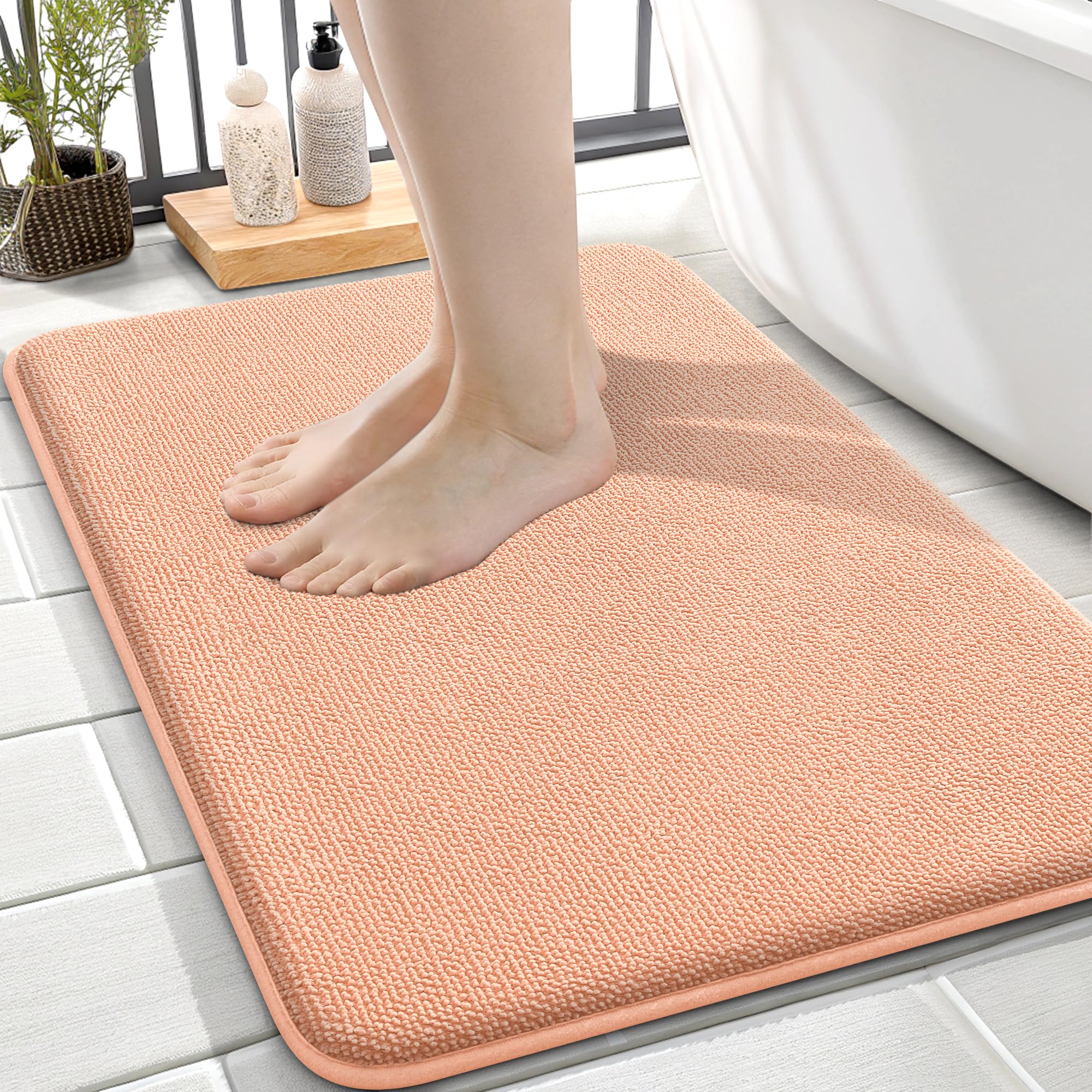 OLANLY Memory Foam Small Bathroom Rugs 24x16, Absorbent Bath Mat, Peach