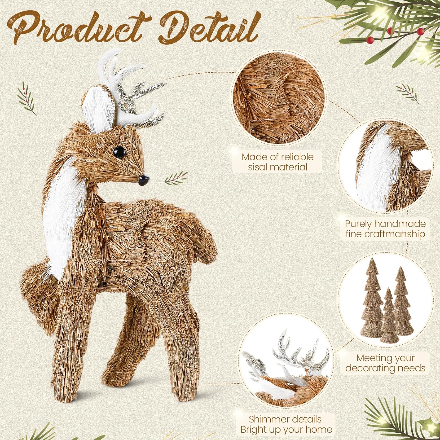 Sosation 5 Pcs Christmas Sisal Reindeer Tree Centerpieces Table Fireplace Decor Christmas Deer Figurines Rustic Woodland Farmhouse Animals Statues for Xmas Indoor Gift Tabletop Home Mantle Decoration