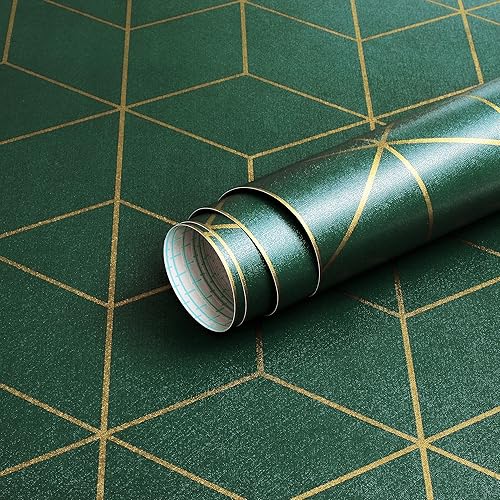 Safiyya Papel tapiz para despegar y pegar, papel tapiz dorado y verde oscuro, papel de contacto geométrico texturizado, autoadhesivo, extraíble,