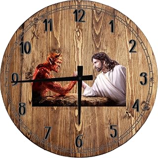 CAPS SUPPLY .COM Wood Wall Clock Religious Wall Art Jesus Christ vs Devil Good Versus Evil Arm Wrestling Large Round Wood Wall Clock Decor Small 10 Inch