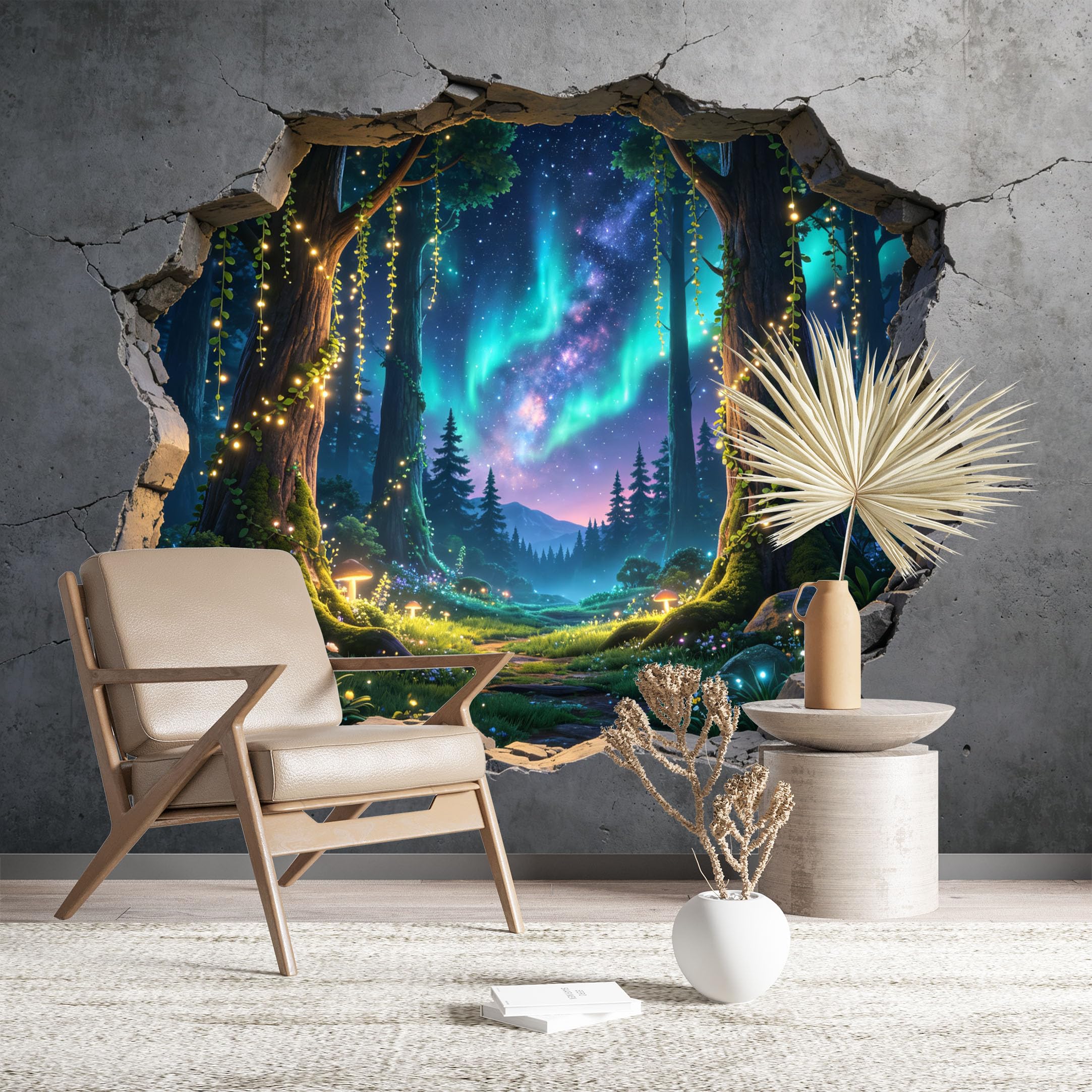 Custom Size Wall Murals Fantasy Forest with Northern Lights Seen Through Cracked Wall Large Photo Wallpaper Self-Adhesive Wall Fabric (NO PVC) Removable Wallpaper