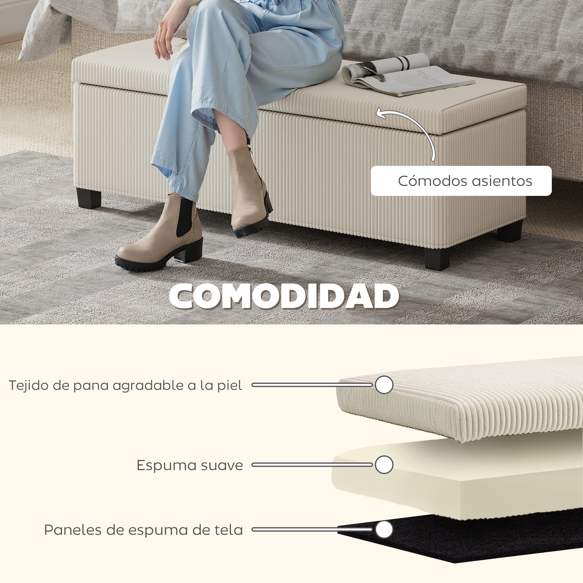 HOMCOM Puff Almacenaje, Banco Almacenaje, Capacidad de 84 L, 112x42x40 cm, Taburete Reposapiés, Tapizado en Pana, Pie de Cama, Carga 220 kg, para Sala de Estar, Dormitorio, Entrada, Beige