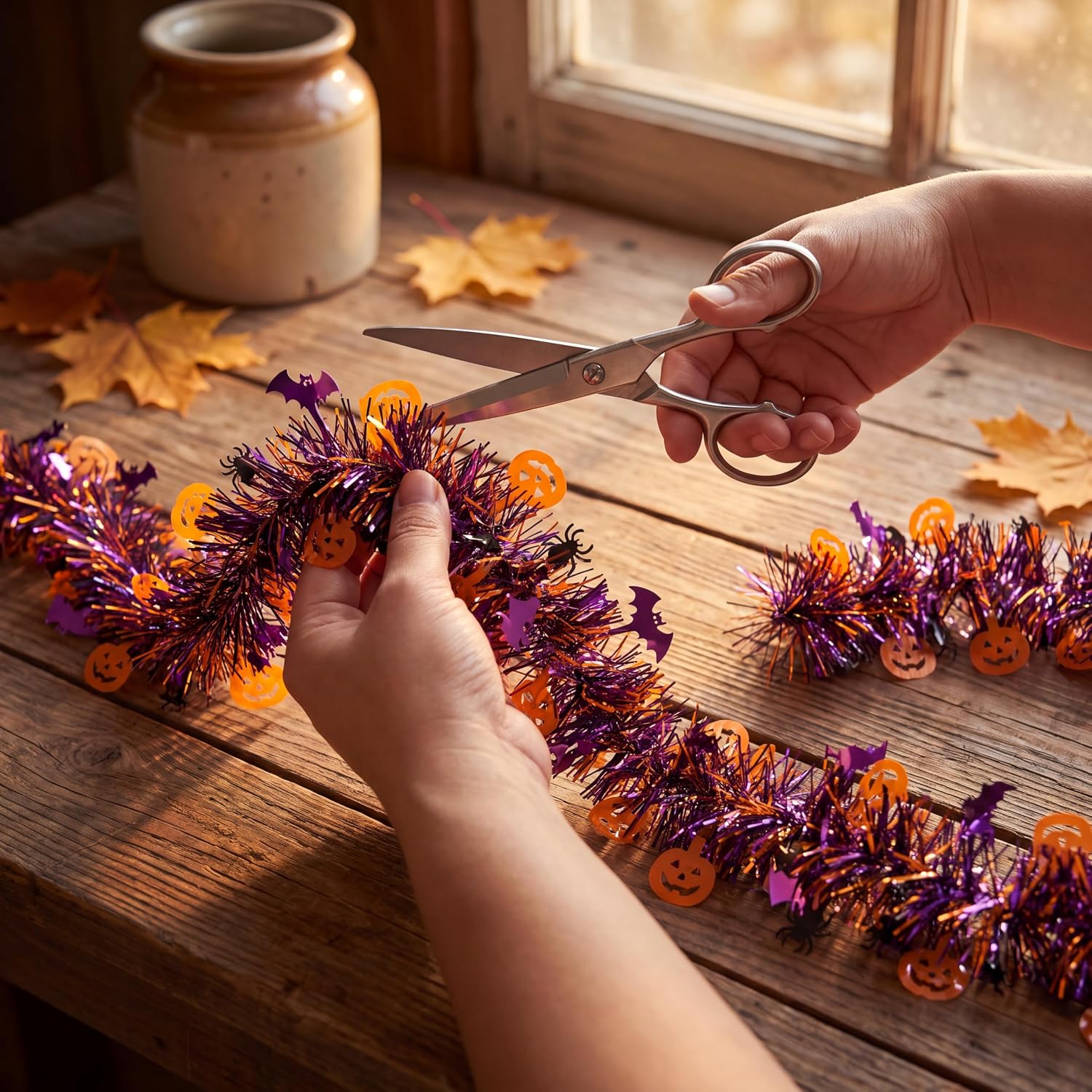 Halloween Garland, 52.5Ft Orange Purple Black Pumpkin Bat Spider Hanging Tinsel Streamers, Flexible Metallic Halloween Decorations for Front Door, Mantel, Window, Party Indoor Outdoor Decor