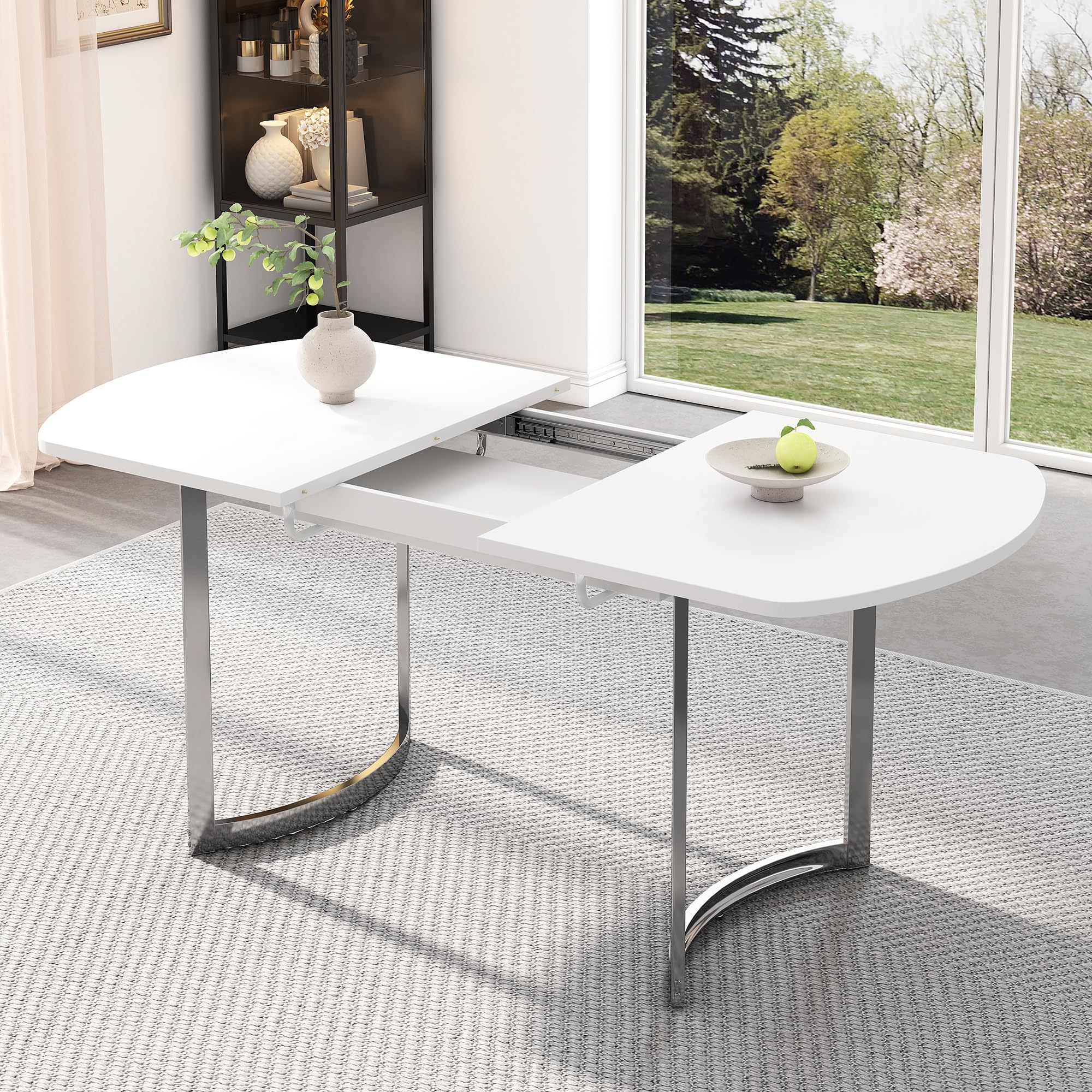 Bladez Tavolo da pranzo allungabile, ovale, 140 – 180 cm, con gambe argentate, moderno ed elegante, per 6 – 8 persone, piano in MDF (bianco + argentato)