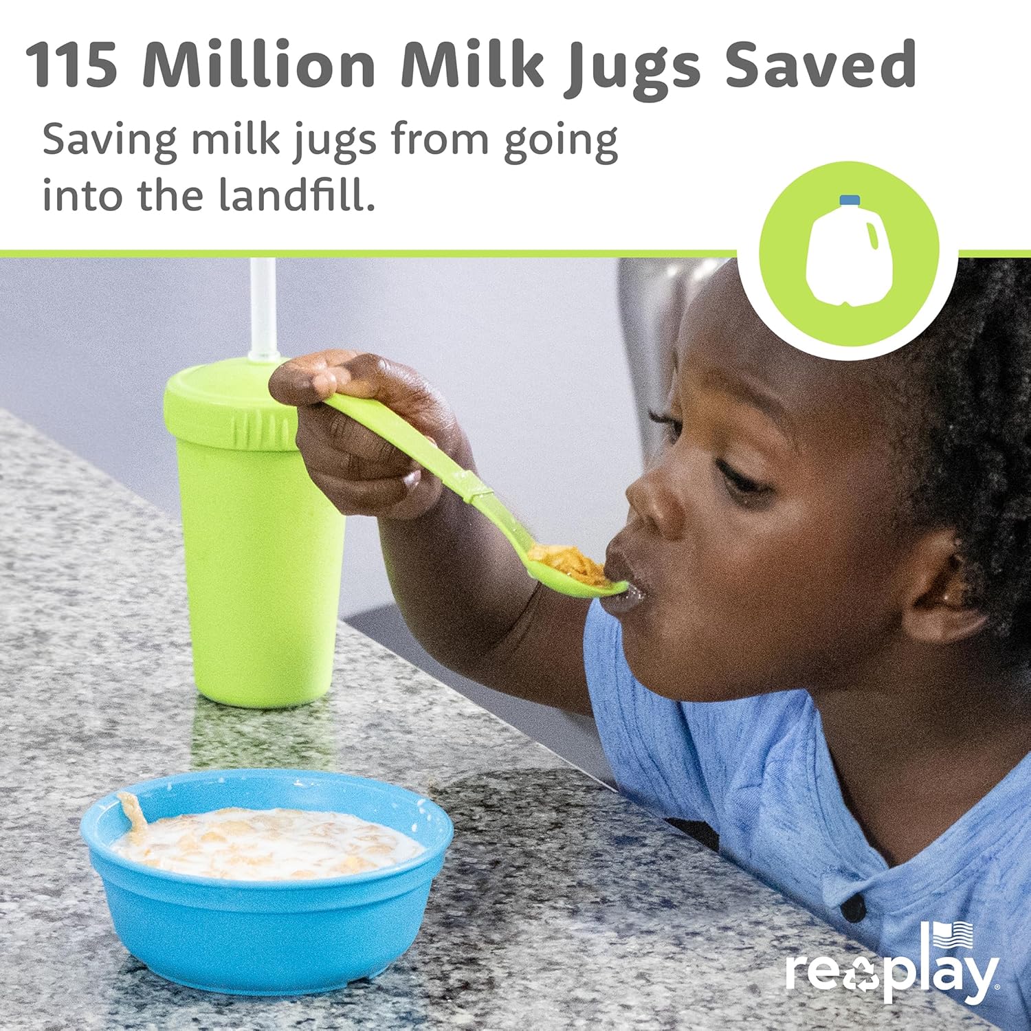 RE-PLAY Made in USA 8pk Toddler Feeding Utensils Spoon and Fork Set | Eco Friendly Recycled Milk Jugs - Virtually Indestructible | Red, Yellow, Lime Green, Sky Blue (Preschool) - Image 6